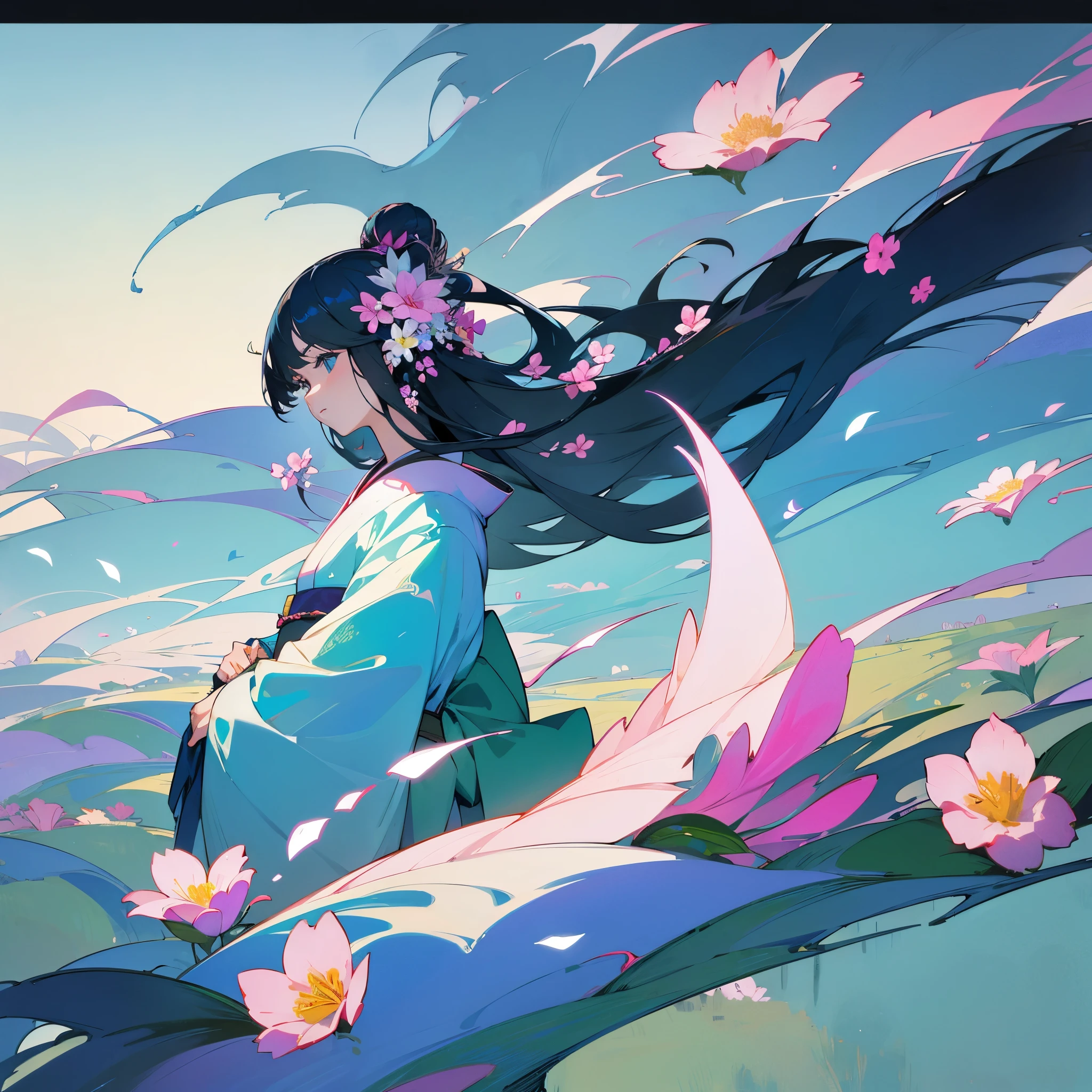 grace、flower、woman、kimono、beautiful、best image quality、Landscape painting、psychedelic