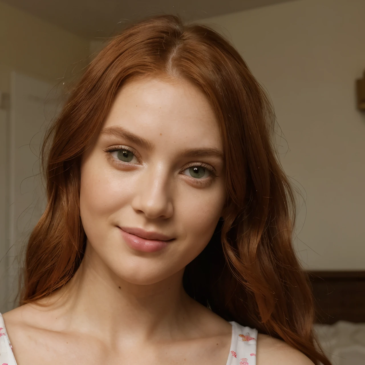 A close up shot of a young goddess and seductive influencer, 28 years old, height 160 cm, with a sensual style and beauty, (medium large breast:1.1), (green eyes), (shy smile:1.2) (red hair) (Wavy hair:1.1), wearing a pink organic cotton pajamas with star print and jogger-style pants. Captured in a bedroom. Iphone 14 pro max triple front camera, capturing natural light and shadows, still raw, photorealistic, details and texture.