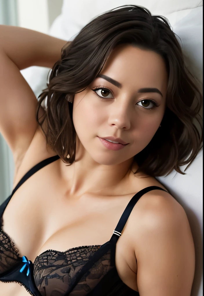 masterpiece, lifelike ((upper body image)) of AubreyPlaza, wearing a lace flowery bra, photo realistic, highly detailed, detailed face, windswept, dramatic lighting, perfect eyes, in her bed