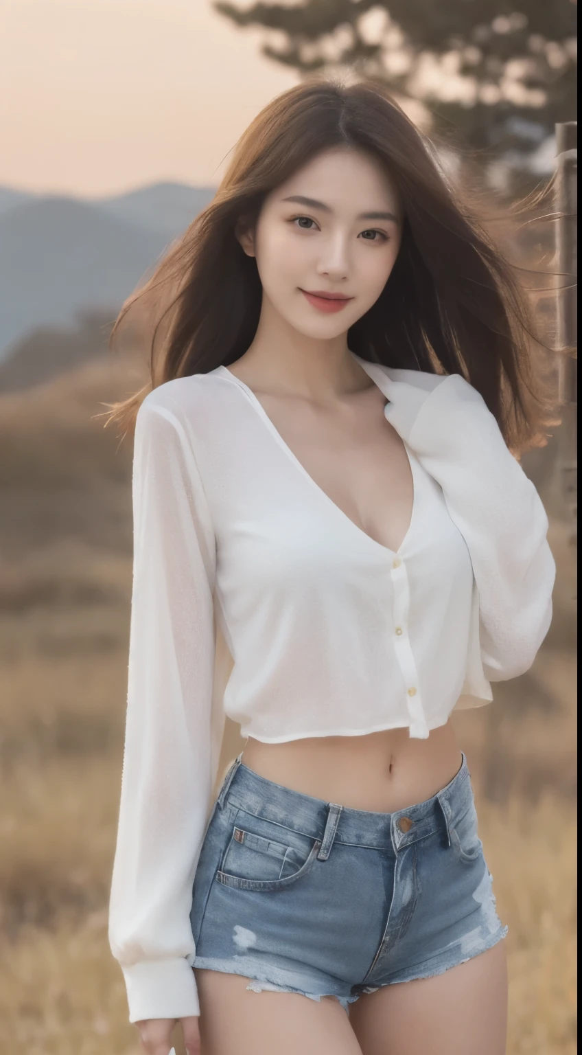 ((realistic raytraicing,best qualtiy,8K,tmasterpiece:1.3)),1girll,Little moles under the eyes,ssmile,,Pretty woman with slender figure:1.4,Abs:1.1,Korea,paleskin,(Floating wavy silky blue hair,Breezy hair,Big_Breasts:1),White color blouse:1.2,Long sleeved,(The skin:1.3),standingn,Mountain night, campfire light, Super delicate face, finely-detailed eyes, double eyelid, shiny skins, cowboy lens,(Wear denim super shorts,Wear long white stockings:1.2, Very UHD, random pose