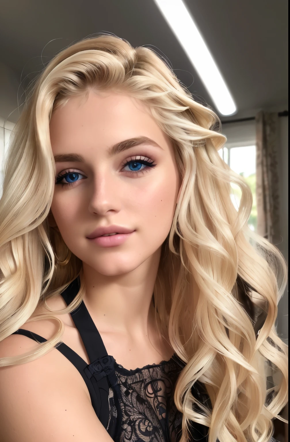 ((best quality)), ((ultra res)), ((photorealistic)), (intricate details), 19 years old, blonde hair, long length hair, loose curls, perfect face, make up:1.5, light on face, face detail
