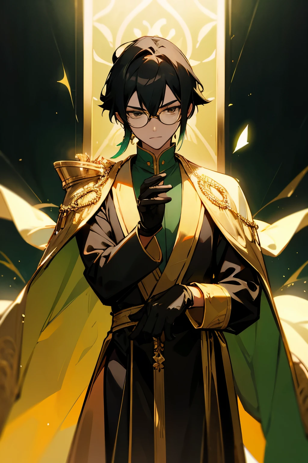  avatar, black hair, golden robe, royal, young male, black royal outfit, green tinted glasses, white gloves
