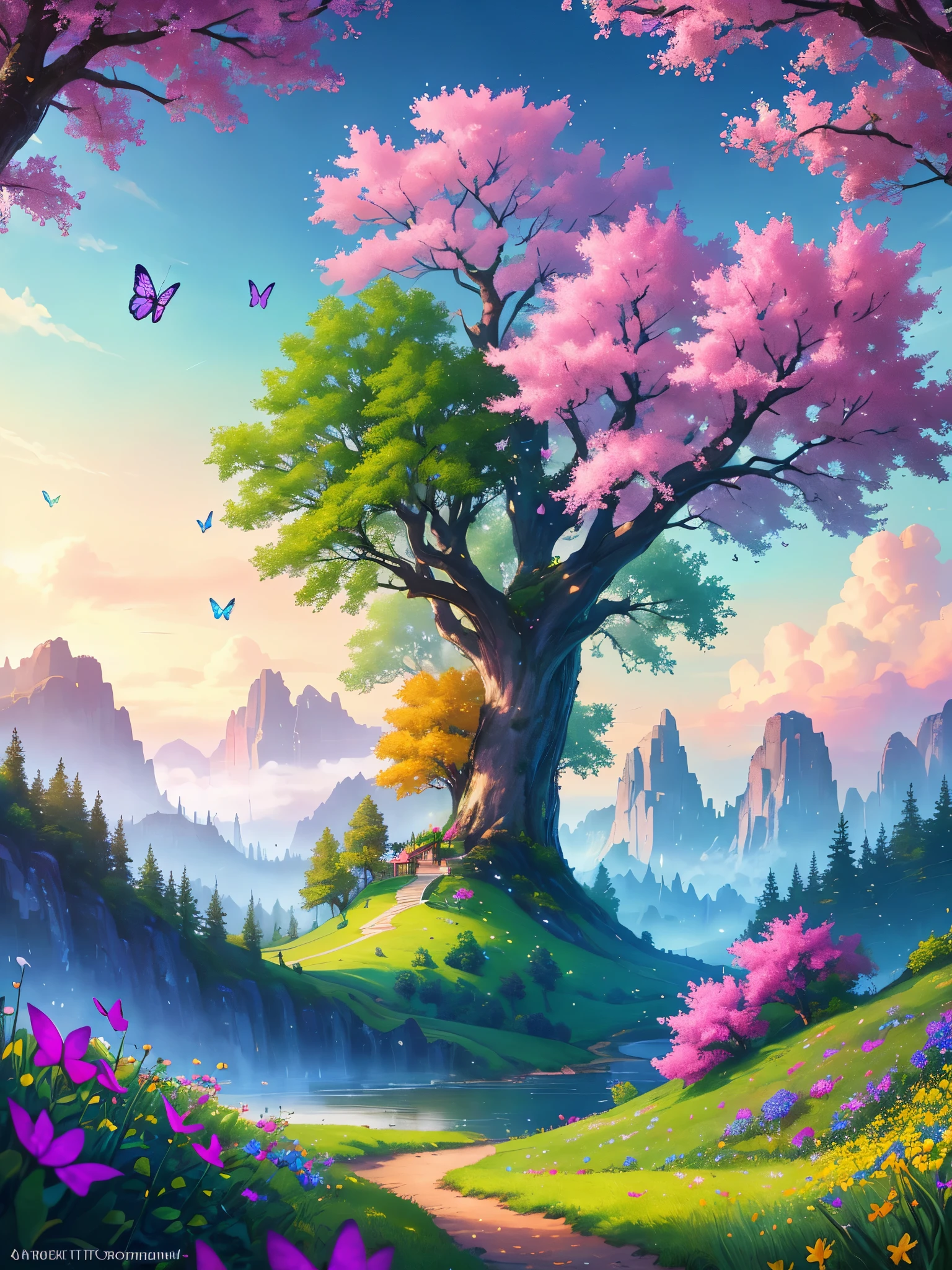 masterpiece, best quality, high quality, extremely detailed cg unity 8k wallpaper, an extremely colorful and purely fantasy environment with vibrant hues and a bright sky, landscape of bright green grass, colorful trees, glittering fruits, and bright blue flowers. the streams are a deep shade of blue, and the air is filled with sweet exotic scents. the environment appears to be taken out of a dream, with luminescent butterflies and giant colorful birds flying around, award winning photography, bokeh, depth of field, hdr, bloom, chromatic aberration ,photorealistic,extremely detailed, trending on artstation, trending on cgsociety, intricate, high detail, dramatic, art by midjourney