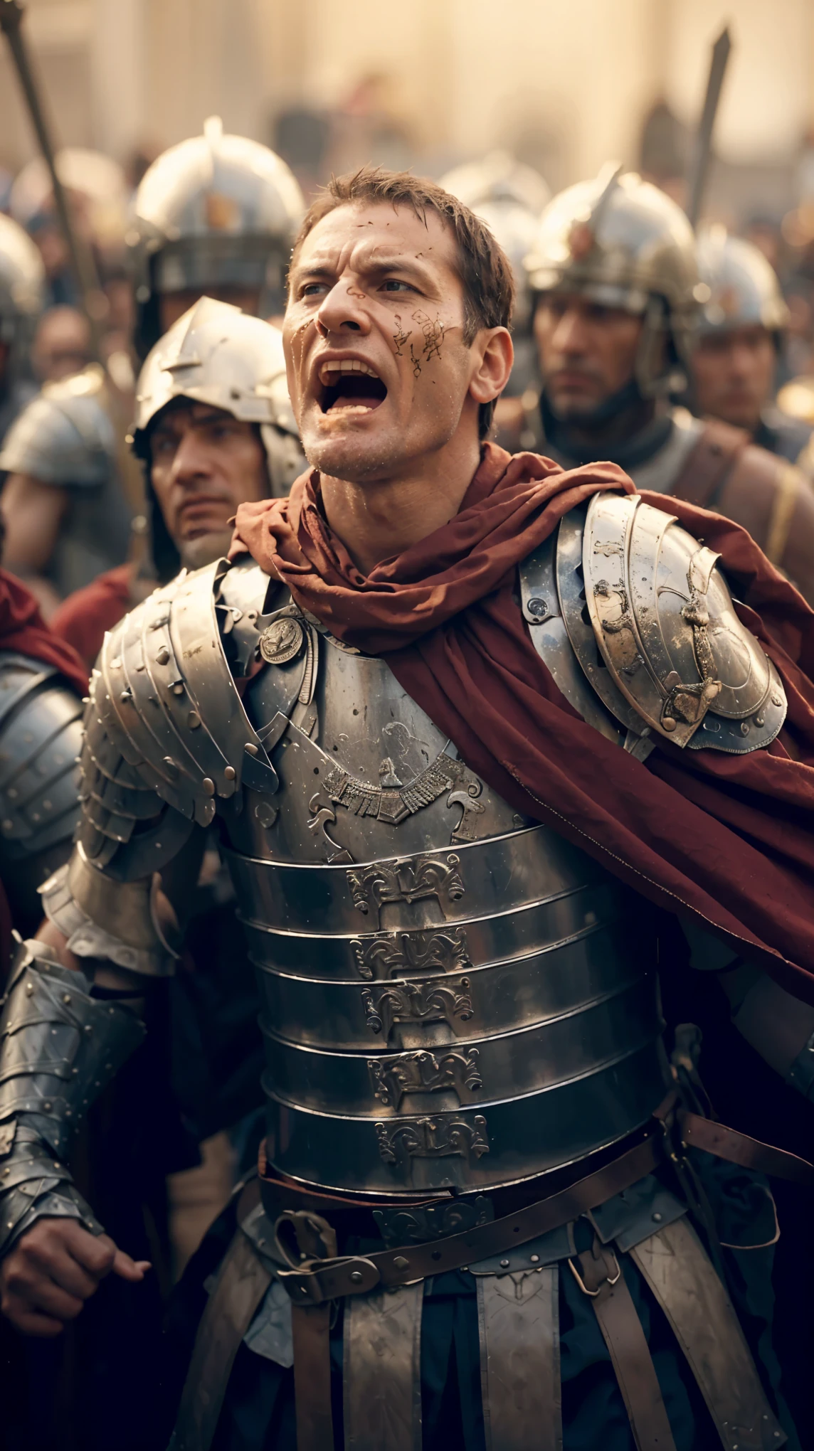 Julius Caesar in armor with a sword and a crowd of men, caesar victorious, sneering roman legioneer, in screenshot from the 300 movie, roman centurion, dressed in roman armour, inspired by Pogus Caesar, inspired by Caesar van Everdingen, by Pogus Caesar, by Juan Carlos Stekelman
