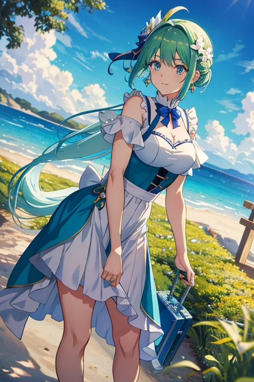 uma mulher com casaco e saia vermelhos andando por um parque, visual de anime de uma linda garota, impacto de ayaka genshin, visual de anime de uma jovem, personagem feminina de anime, Hestia, anime isekai popular, visual chave de anime elegante, melhor garota de anime, estilo anime como destino/Fique durante a noite, arte oficial do personagem, arte oficial