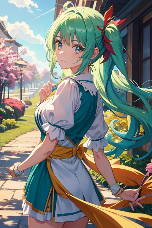 uma mulher com casaco e saia vermelhos andando por um parque, visual de anime de uma linda garota, impacto de ayaka genshin, visual de anime de uma jovem, personagem feminina de anime, Hestia, anime isekai popular, visual chave de anime elegante, melhor garota de anime, estilo anime como destino/Fique durante a noite, arte oficial do personagem, arte oficial