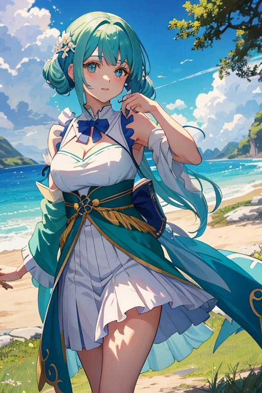 uma mulher com casaco e saia vermelhos andando por um parque, visual de anime de uma linda garota, impacto de ayaka genshin, visual de anime de uma jovem, personagem feminina de anime, Hestia, anime isekai popular, visual chave de anime elegante, melhor garota de anime, estilo anime como destino/Fique durante a noite, arte oficial do personagem, arte oficial