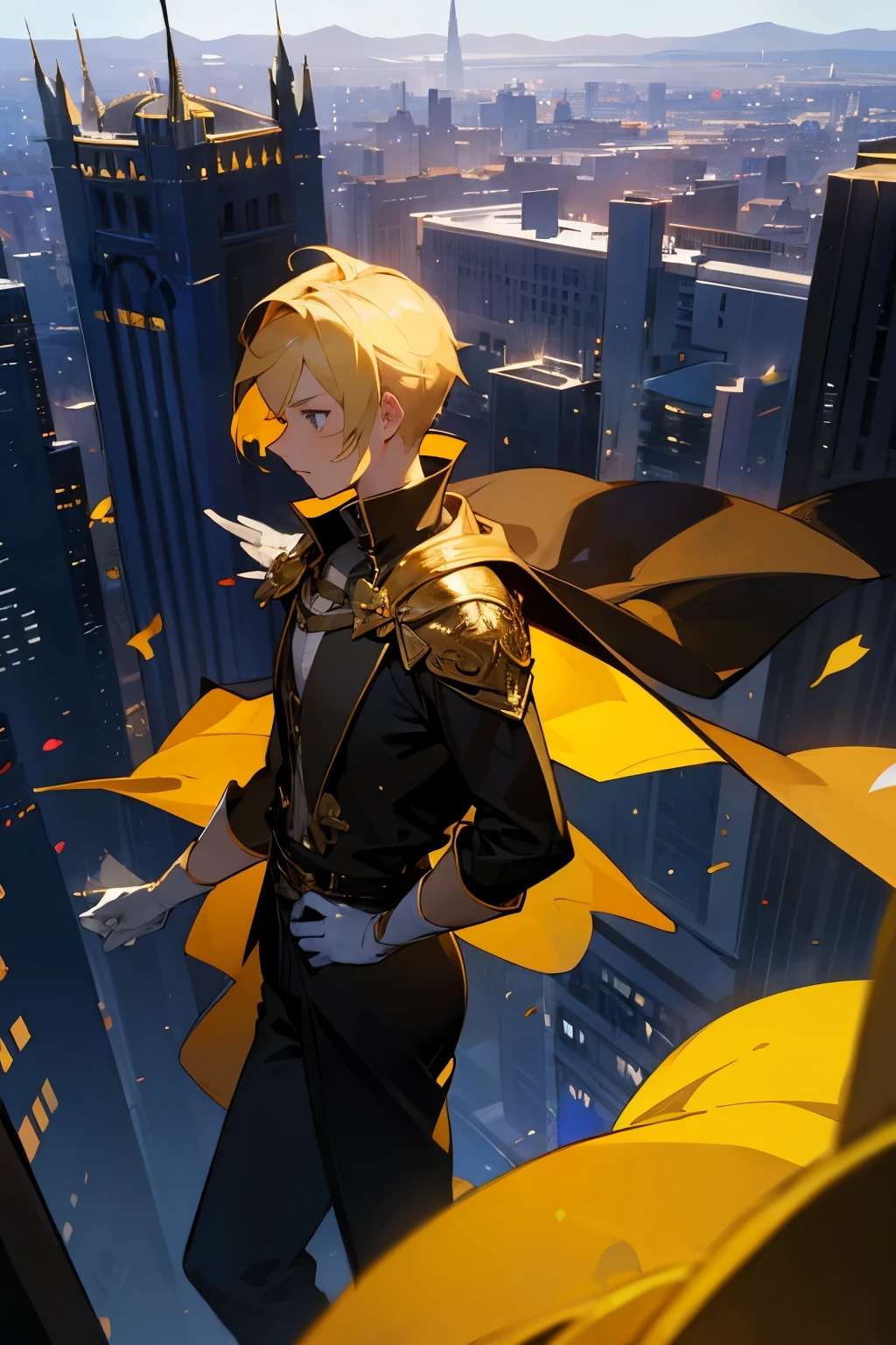 avatar, blonde hair, golden cape, young male, black outfit, white gloves, city background