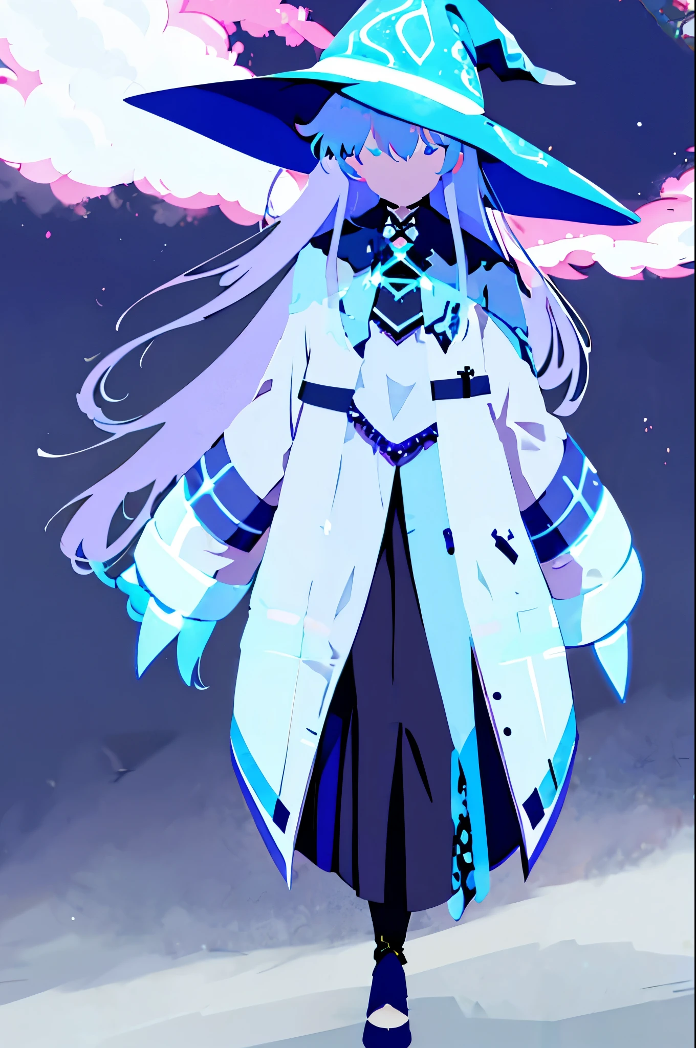 Super shiny hologram metallic clear bodysuit、bold pose、perfect lighting、Holographic metallic clear bodysuit, A girl with long silver hair wearing a witch hat stands alone in an outdoor scene. The sky is filled with fluffy clouds, creating a beautiful backdrop. The girl's hair is intricately detailed, flowing freely in the gentle breeze. Her witch hat is adorned with intricate patterns and adds a touch of mystery to her appearance. The sky above is a vibrant shade of blue, with scattered clouds creating a dreamy atmosphere. The day is bright and sunny, casting a warm glow on the surroundings. As the girl gazes upwards, she is captivated by the sight of a crescent moon visible amidst the daylight. A bird flies gracefully across the sky, adding to the sense of tranquility. This artwork is a masterpiece, with ultra-detailed features that bring the scene to life. The artwork showcases the beauty of nature and the enchantment of the witch's world.