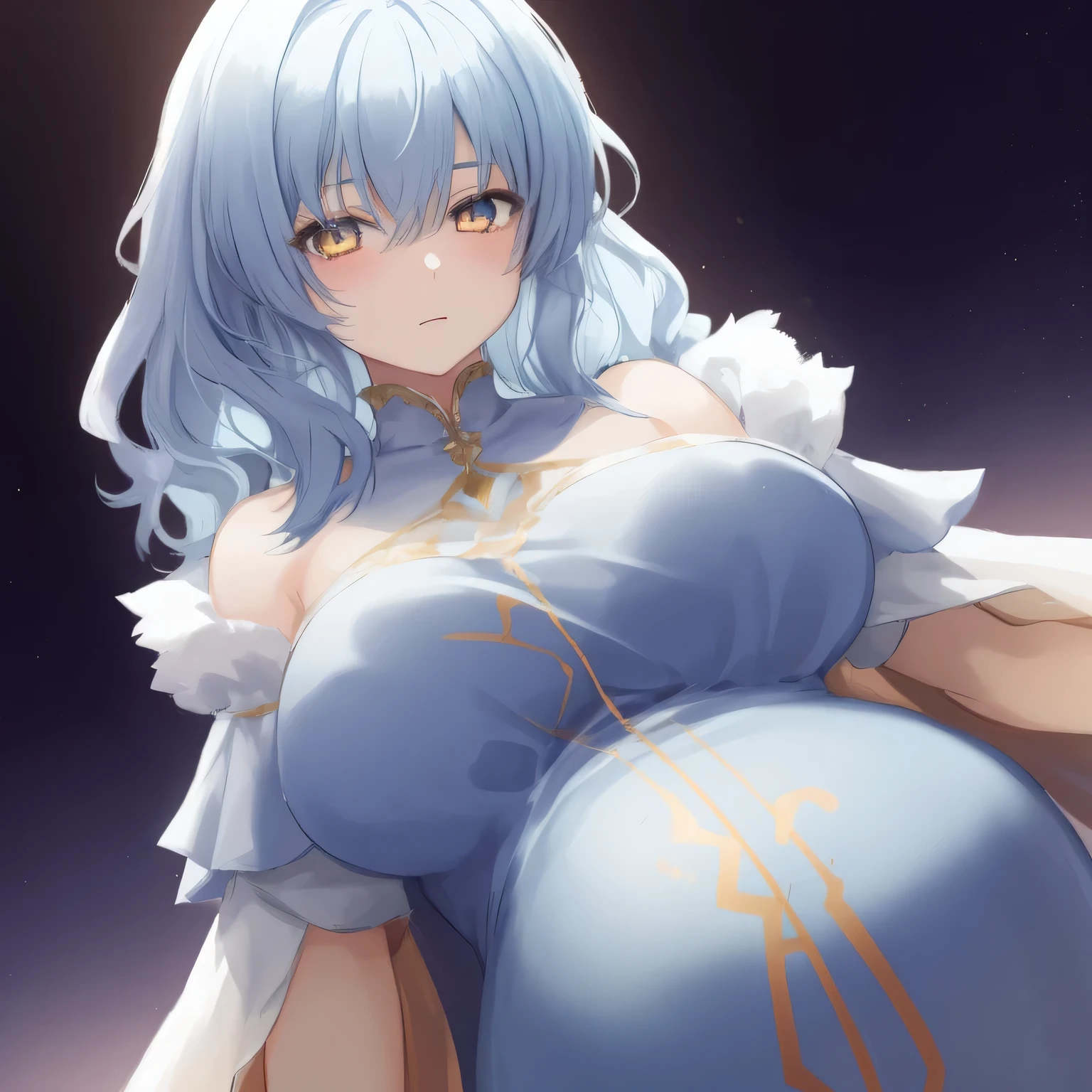 1girl, anime, blue_medium_fluffy_hair, gold_eyes, medium_breasts, pregnant, giving_birth, noble_dress, white_background, looking_at_viewer