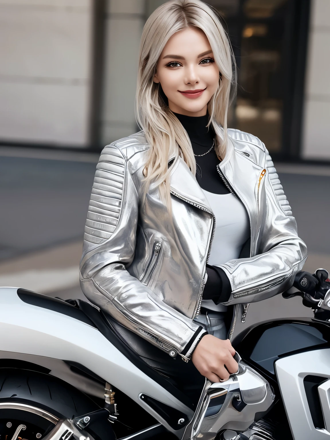 ((highest quality)), ((masterpiece)), (detailed motorcycle), perfect face、Accurate five-fingered hands、double eyelids、small face、blonde、realistic skin texture、full body shot、long legs、Beauty、((silver jacket and pants))、smile、slender body、Moist eyes、((spread legs))、((riding a motorcycle))