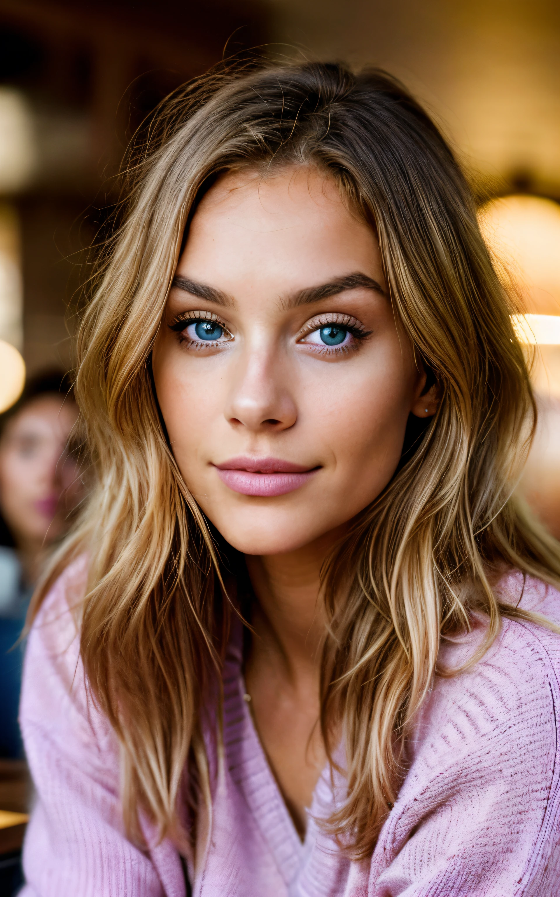 Linda morena com mechas loiras, (22 anos de idade, rosto inocente, cabelos ondulados naturais, olhos azuis), ((wearing pink sweater)), (drinking wine in a modern pub at sunset), Muito detalhado, 21 anos de idade, rosto inocente, cabelos ondulados naturais, olhos azuis, high resolution, obra de arte, melhor qualidade, detalhes intrincados, altamente detalhado, sharp focus, pele detalhada, Realista skin textura, textura, olhos detalhados, profissional, 4k, sorriso charmoso, filmado em Canon, 85mm, profundidade superficial de campo, Cores Kodak Vision, corpo em forma perfeita, extremamente detalhado, foto_\(ultra\), photoRealista, Realista, Post-processing, maximum detail, rugosidade, Vida real, ultra Realista, fotorrealismo, fotografia, 8k hd, fotografia INFO