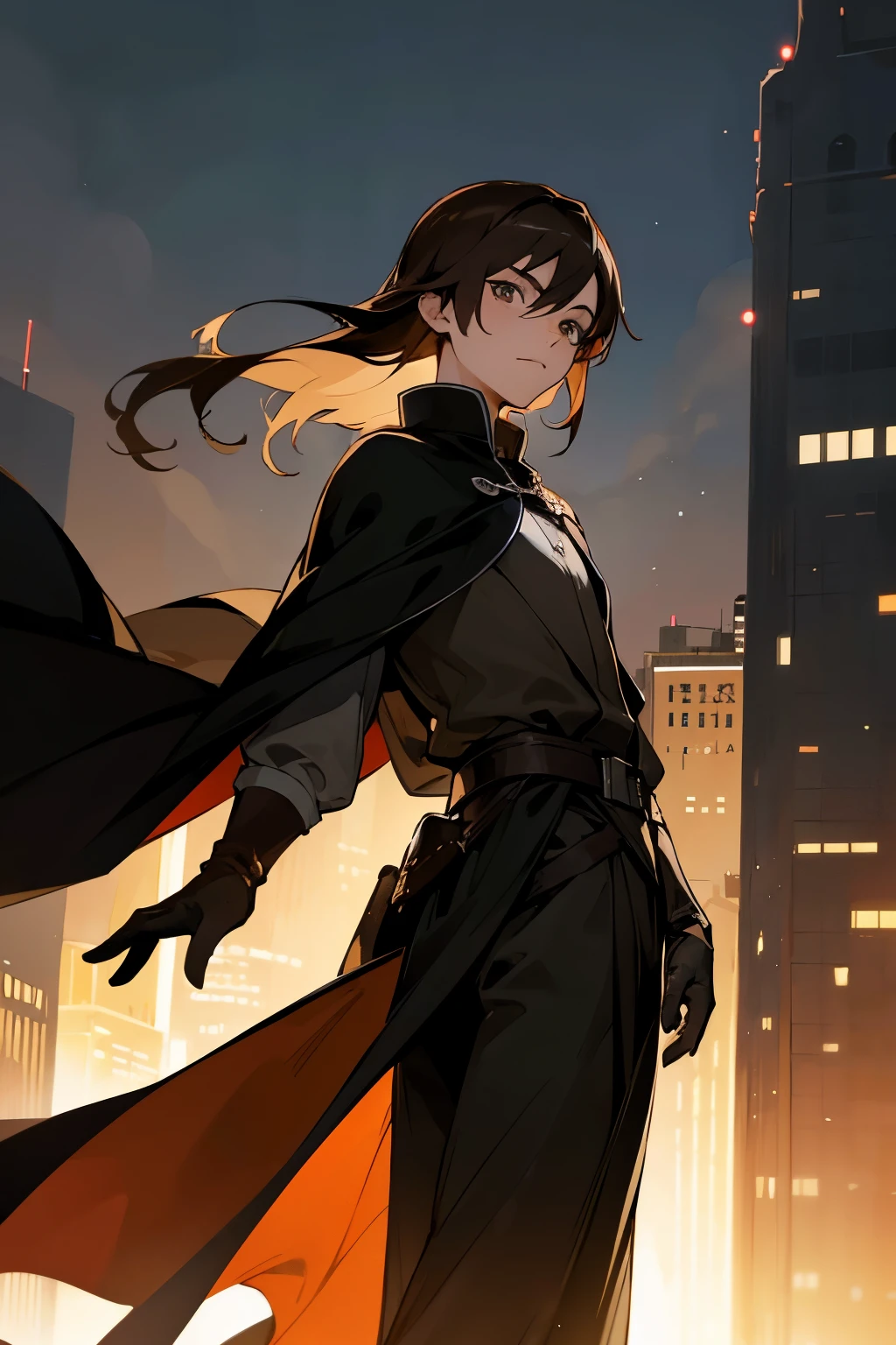 avatar, brown hair, black cape, young male, black outfit, brown gloves, city background, hazel eyes