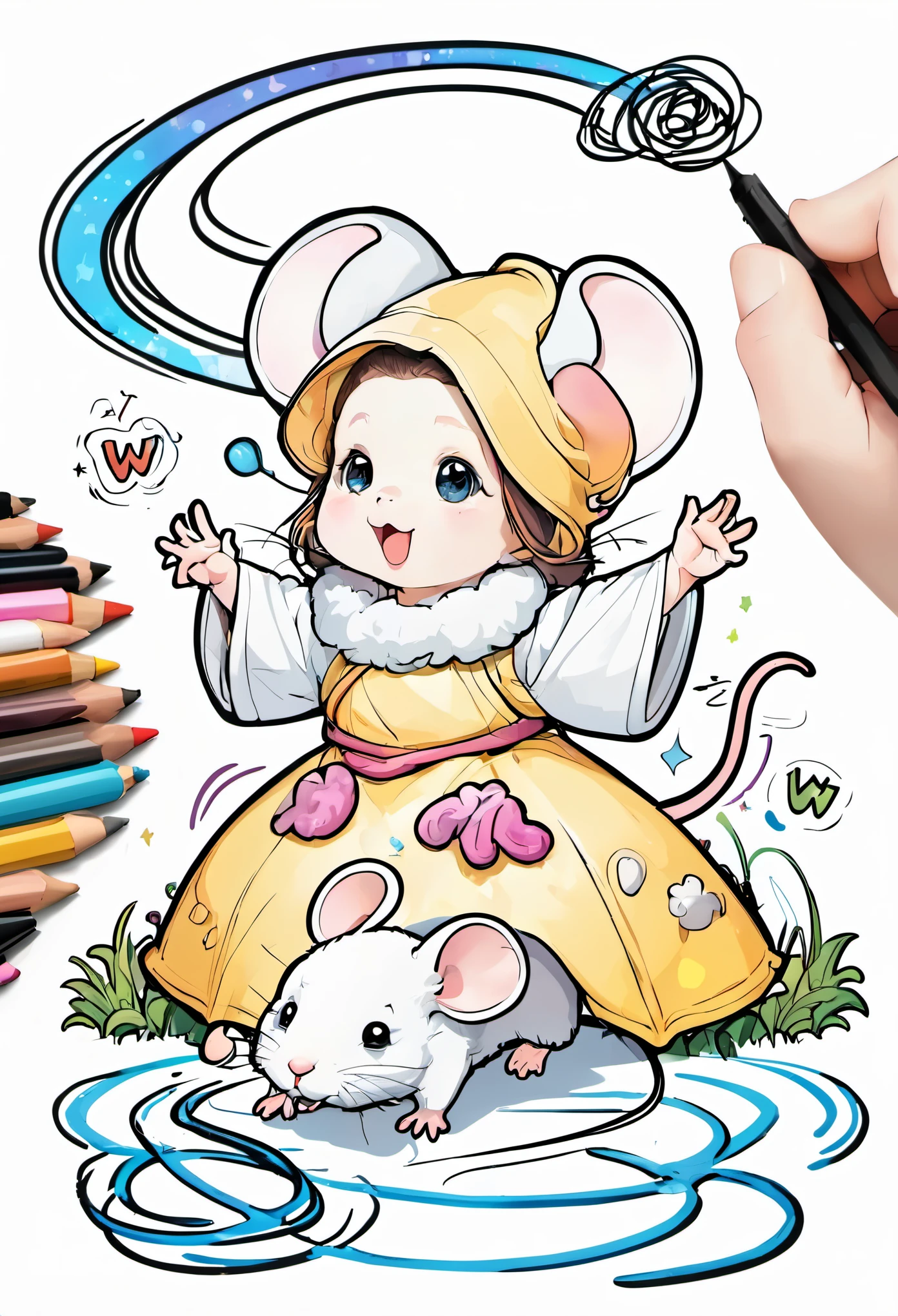 ((Second&W line drawing)), ((two-dimensional)), cute mouse, fantasy, magic, mystery, abnormal, black and white, squiggle, realistic line art, coloring book, White background, Noiseless, Clear thick lines, (((outline art)), center image, isolated on White background 