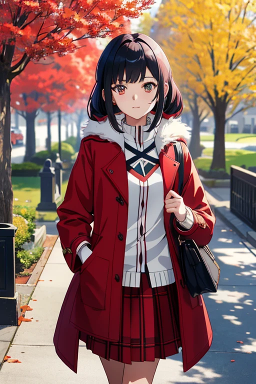 a woman in a red coat and skirt walking through a park, anime look of a cute girl, ayaka genshin impact, anime look of a young girl, female anime character, Hestia, popular isekai anime, stylish anime key look, best anime girl, anime style as destiny/Stay for the night, official character art,
official art