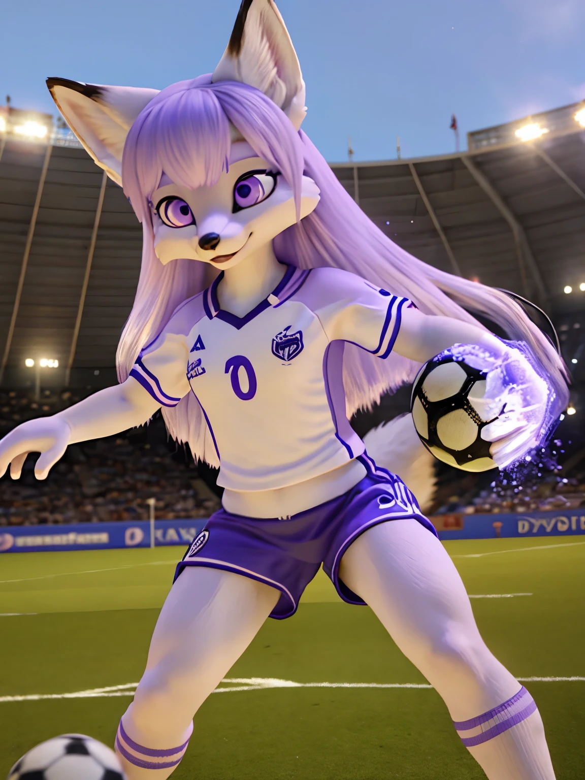 3d, a white young female fox furry , white fur, black fur on ears, lilac long hair, violet eyes, soccer, magic