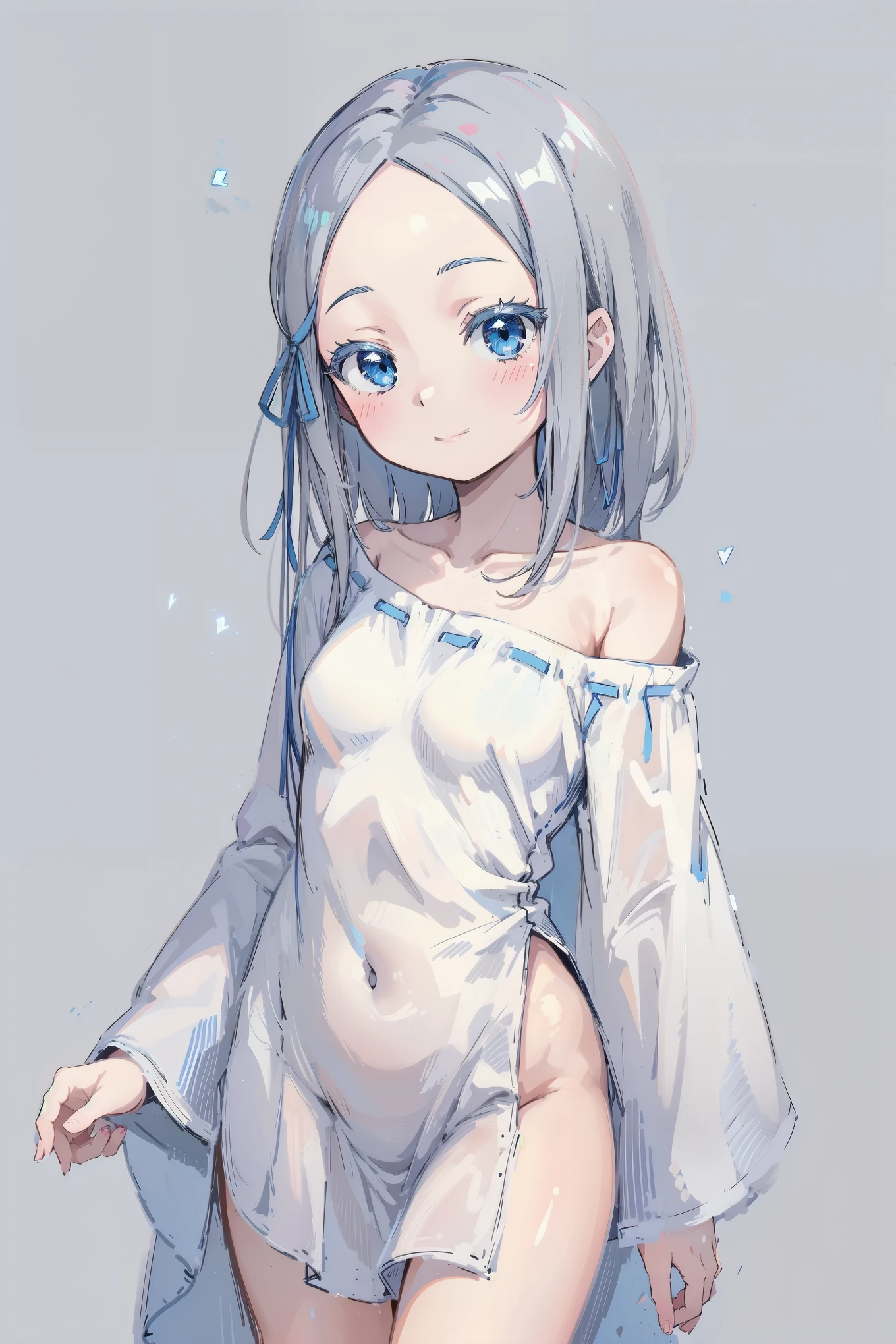 (masterpiece, best quality, ultra high quality, by quan, sketch:1.1), ((portrait)), pandora, 1girl, solo, pandora, blue eyes, long hair, grey hair, white hair, forehead, blush, bangs, small breasts, parted bangs, barefoot, neutral, innexpressive, small smile, thighs, ((pddf)), dress, full loose dress, dress ribbon, hair ribbon, white dress, loose dress, blue ribbon, bare shoulders, (niji), upper body, standing, isometric lightning, gray background, simple background