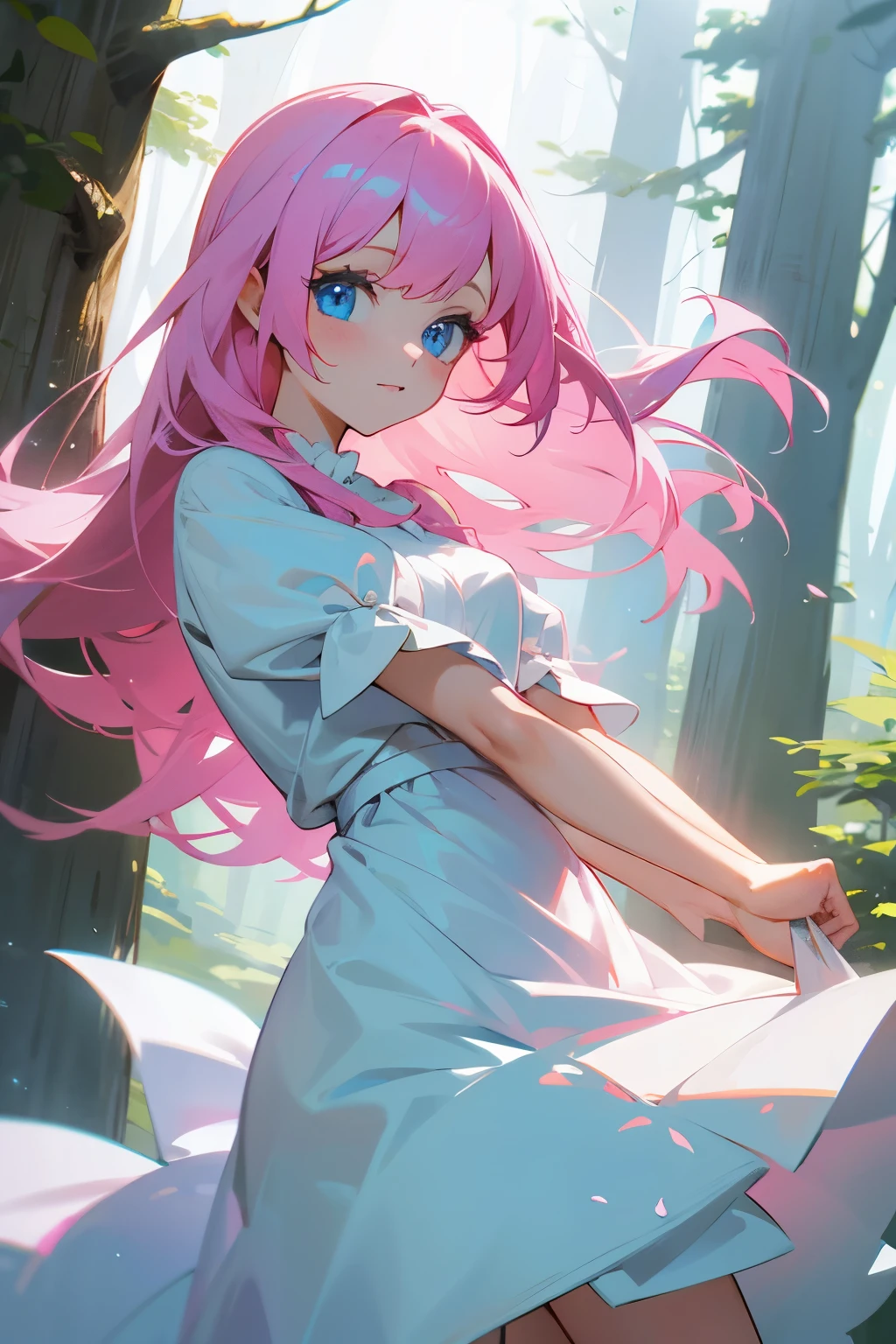 Pink hair, blue eyes, forest, white dress, cute, 1 girl