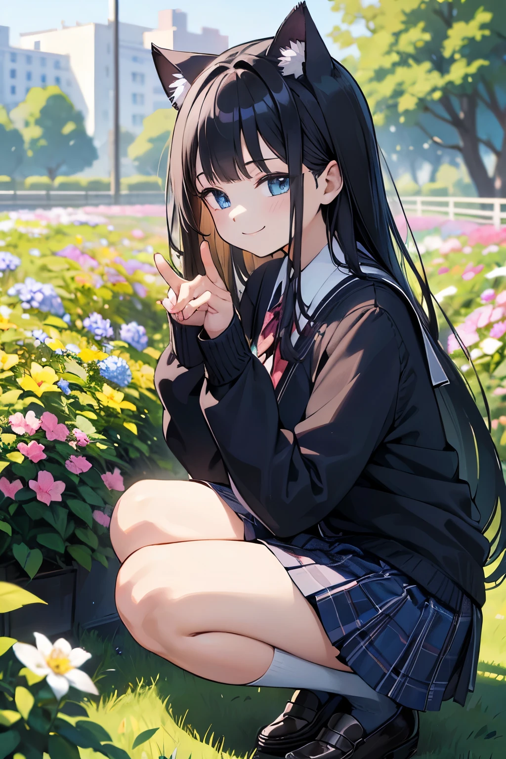 (In 8K, Best Quality, Master Piece: 1.2), Ultra High Resolution, 1 very cute girl,(and cat),There's a cat,(((pointin under))),ultra-detailed face, detailed eyes,detailed hands and fingers,naughty smile,straight hair, long hair, blunt bang,black hair,BREAE,(school uniform, cardigan), navy skirt in plaid skirt,school-loafer,mid-calf socks,Photo taken from the side,squat,Flower Garden
