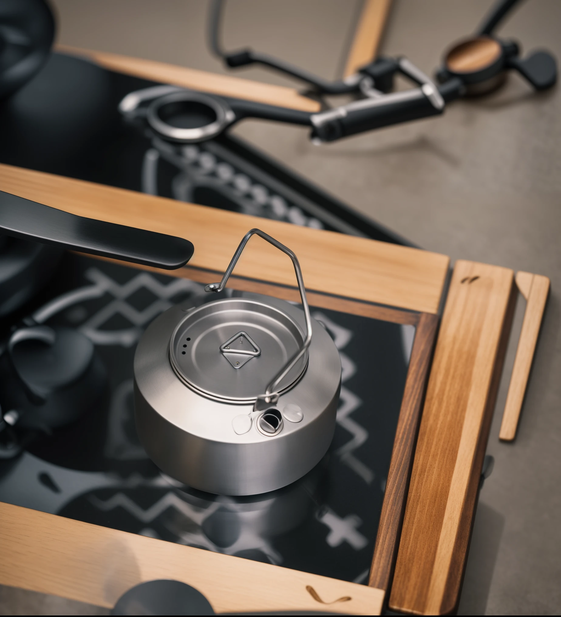 there is a tea pot on a stove top on a table, kettle, pot, beautiful image, detailed product image, subtle details, top lid, shot on leica sl2, stainless steal, made of brushed steel, intense details, product photo, hero shot, 35 mm product photo”, metal lid, detailed portrait shot, teapot : 1, by Jakob Gauermann