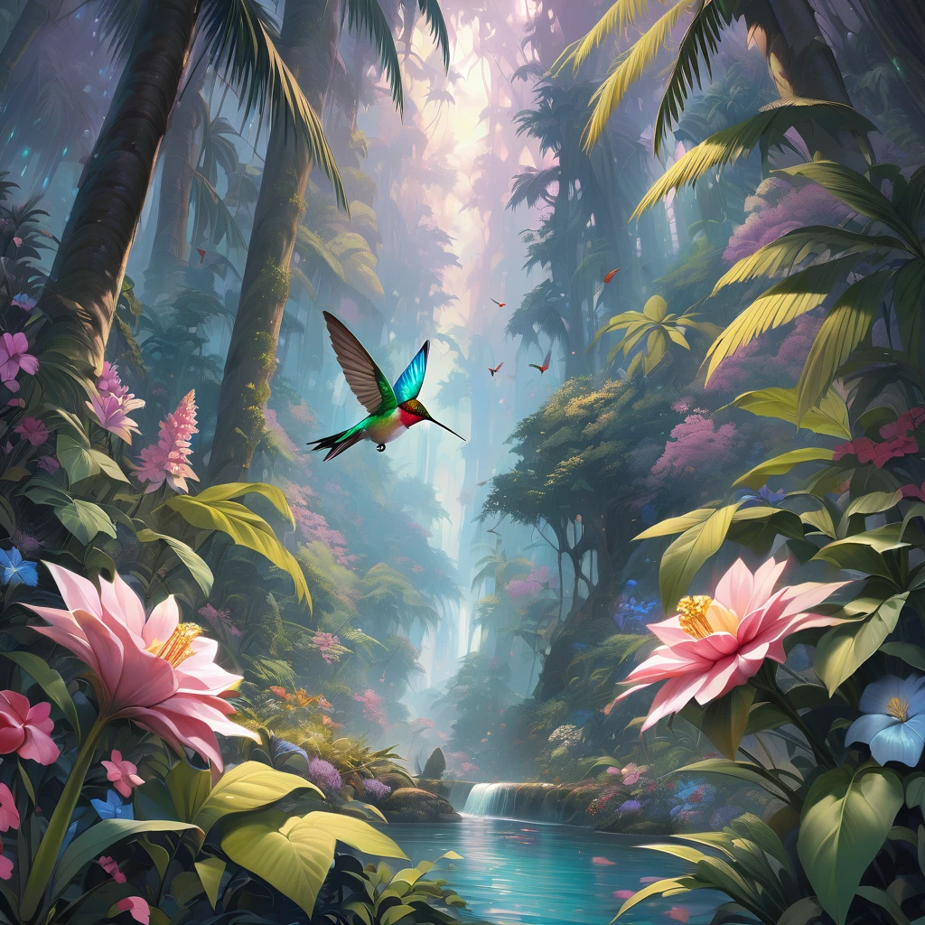 Hummingbird, aesthetic, extremely detailed, hummingbird visiting a tropical flower in a forest, centered, highly detailed, realistic, colorful, ethereal fantasy hyperdetailed mist Thomas Kinkade