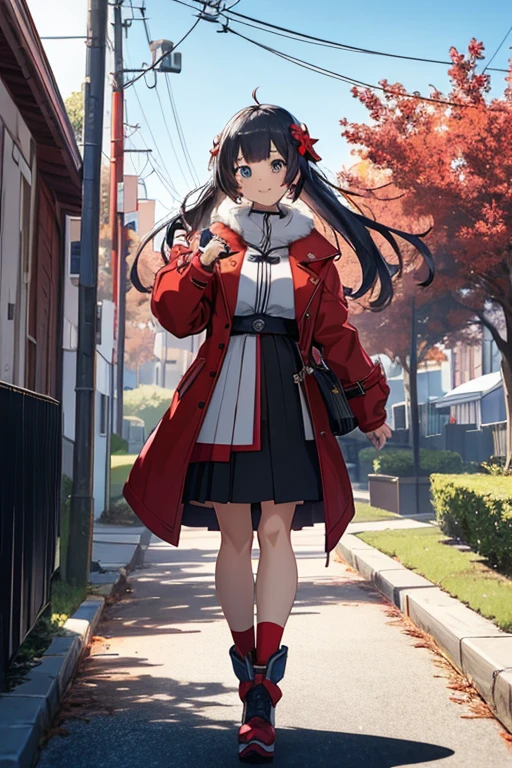 a woman in a red coat and skirt walking through a park, anime look of a cute girl, ayaka genshin impact, anime look of a young girl, female anime character, Hestia, popular isekai anime, stylish anime key look, best anime girl, anime style as destiny/Stay for the night, official character art,
official art