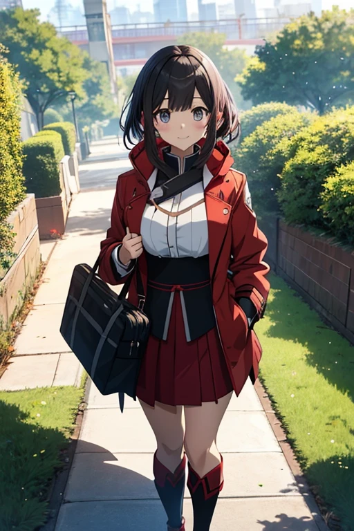 a woman in a red coat and skirt walking through a park, anime look of a cute girl, ayaka genshin impact, anime look of a young girl, female anime character, Hestia, popular isekai anime, stylish anime key look, best anime girl, anime style as destiny/Stay for the night, official character art,
official art