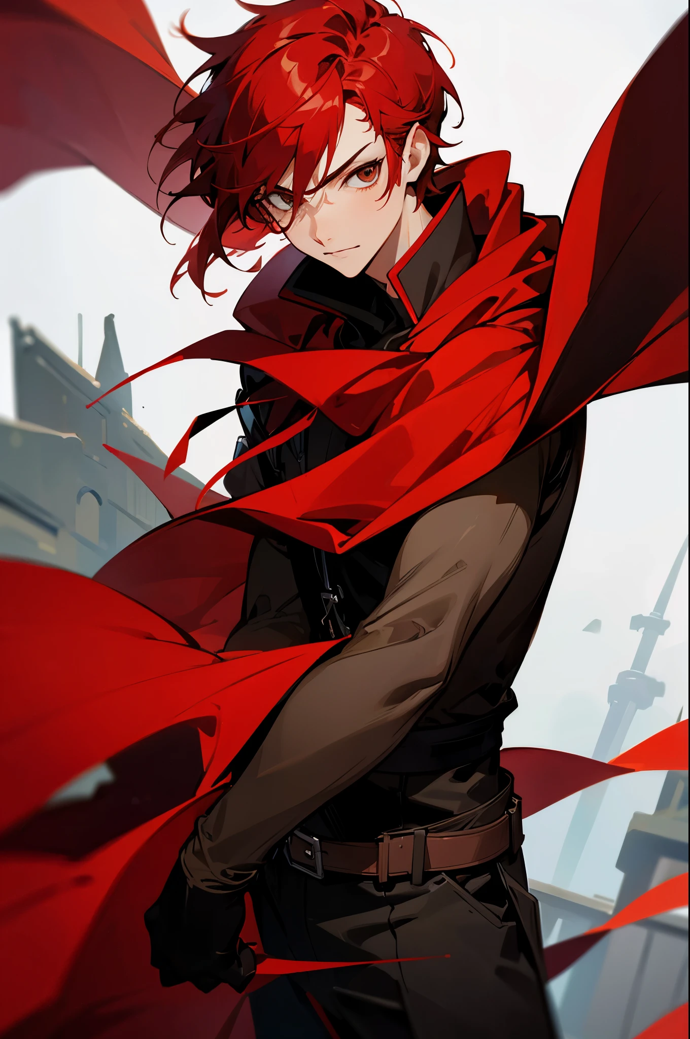 avatar, red hair, red cape, young male, black outfit, brown gloves, town background, hazel eyes
