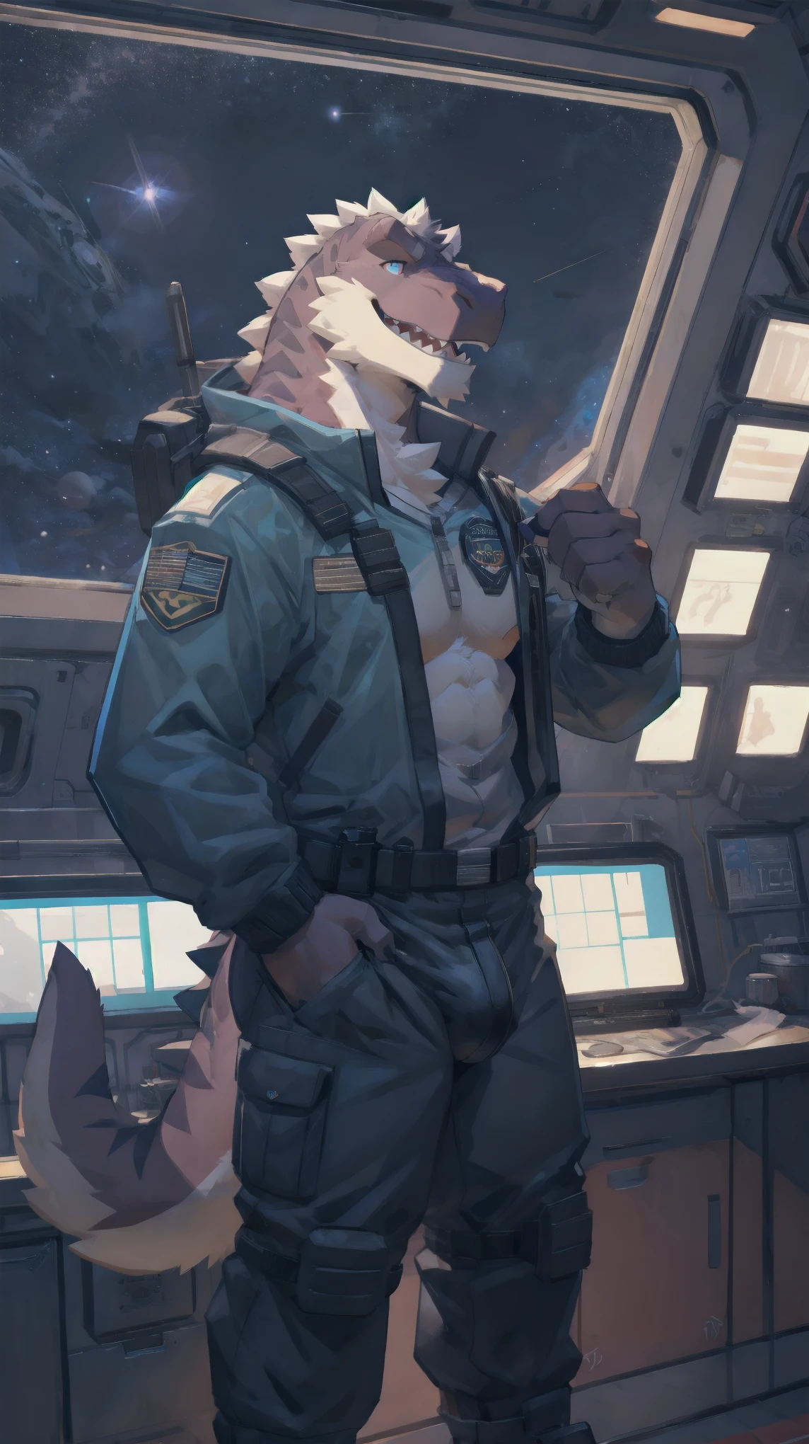 Solo, male, standing, by bigcozyorca, by goonie-san, by bebebebebe, by spikedmauler, facing viewer, purple tyrannosaurus, bushy tail, buff, spacesuit, space observation deck background, open mouth, detailed mouth, tongue hanging out, drooling, smirking, eductive smile, lustful grin, bulge, bulging, hard bulge, adjusting hard bulge, adjusting bulge, adjusting crotch