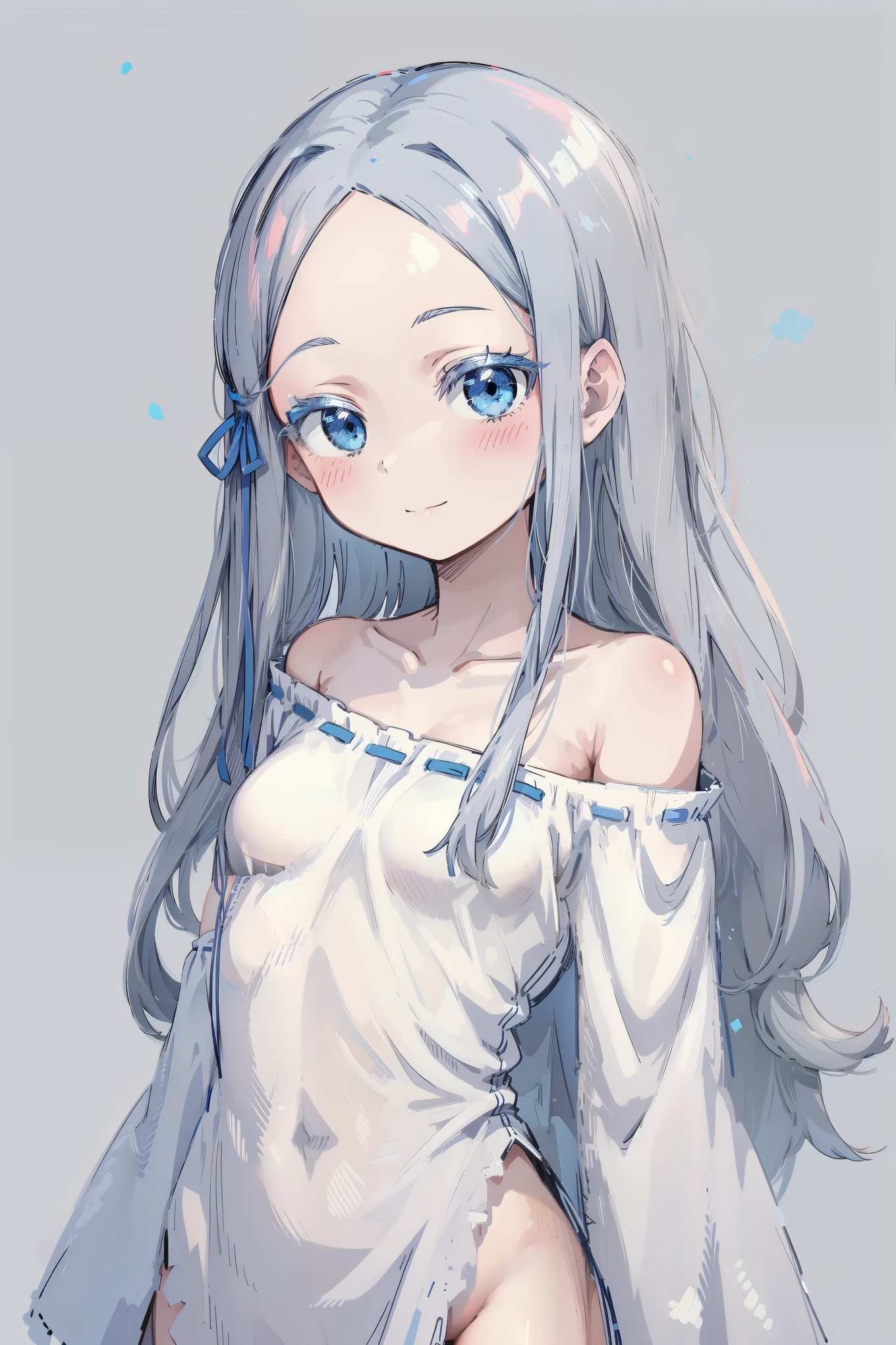 (masterpiece, best quality, ultra high quality, by quan, sketch:1.1), ((portrait)), pandora, 1girl, solo, pandora, blue eyes, long hair, grey hair, white hair, forehead, blush, bangs, small breasts, parted bangs, barefoot, neutral, innexpressive, small smile, thighs, ((pddf)), dress, full loose dress, dress ribbon, hair ribbon, white dress, long dress, blue ribbon, bare shoulders, (niji), upper body, standing, isometric lightning, gray background, simple background 