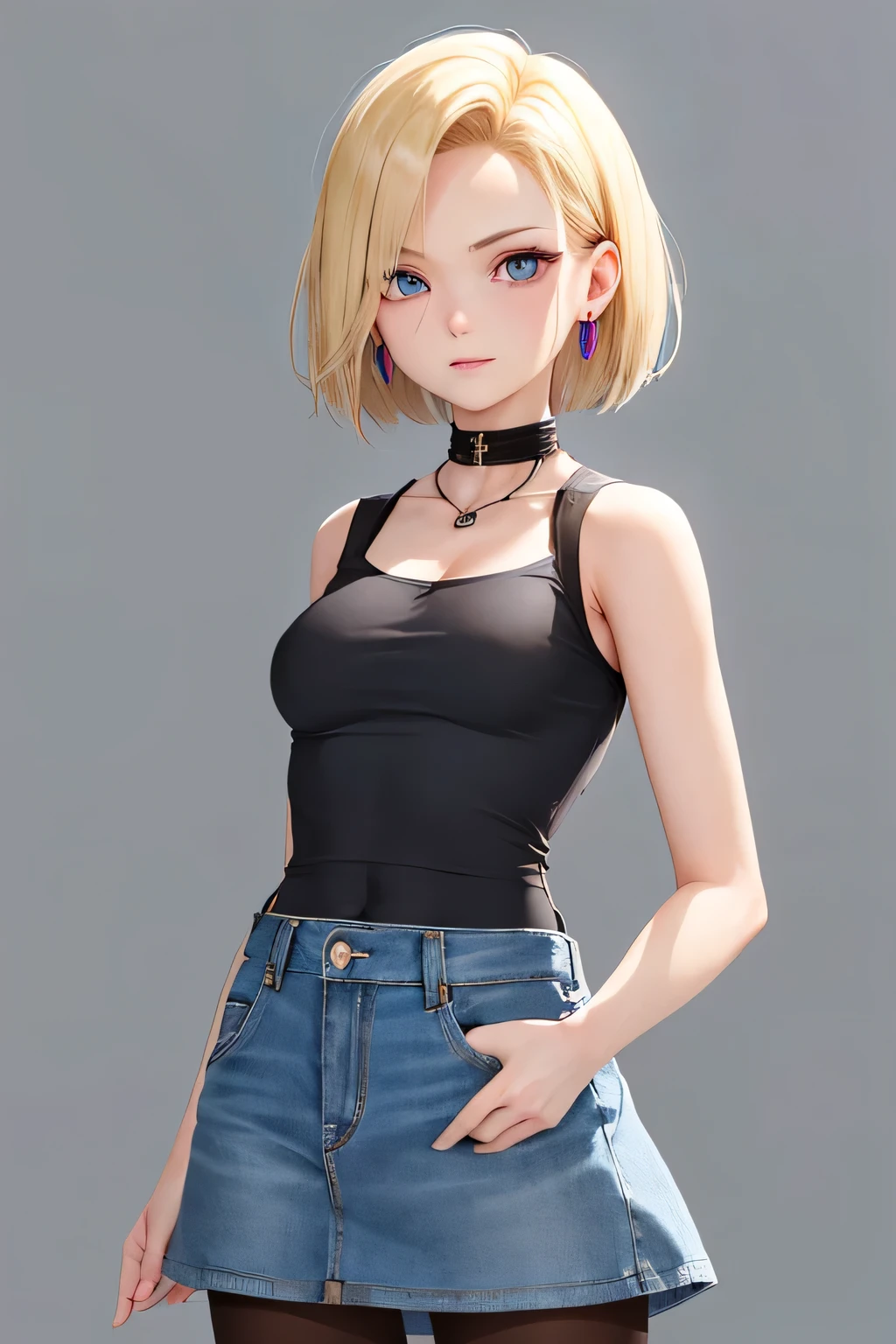 best quality, highres, and18, 1girl, android 18, solo, blonde hair, blue eyes, short hair, earrings, jewelry, denim vest, open vest, black pantyhose, black shirt, denim skirt, striped long sleeves, blue skirt, medium breasts, cowboy shot, street, off-the-shoulder, Strapless,