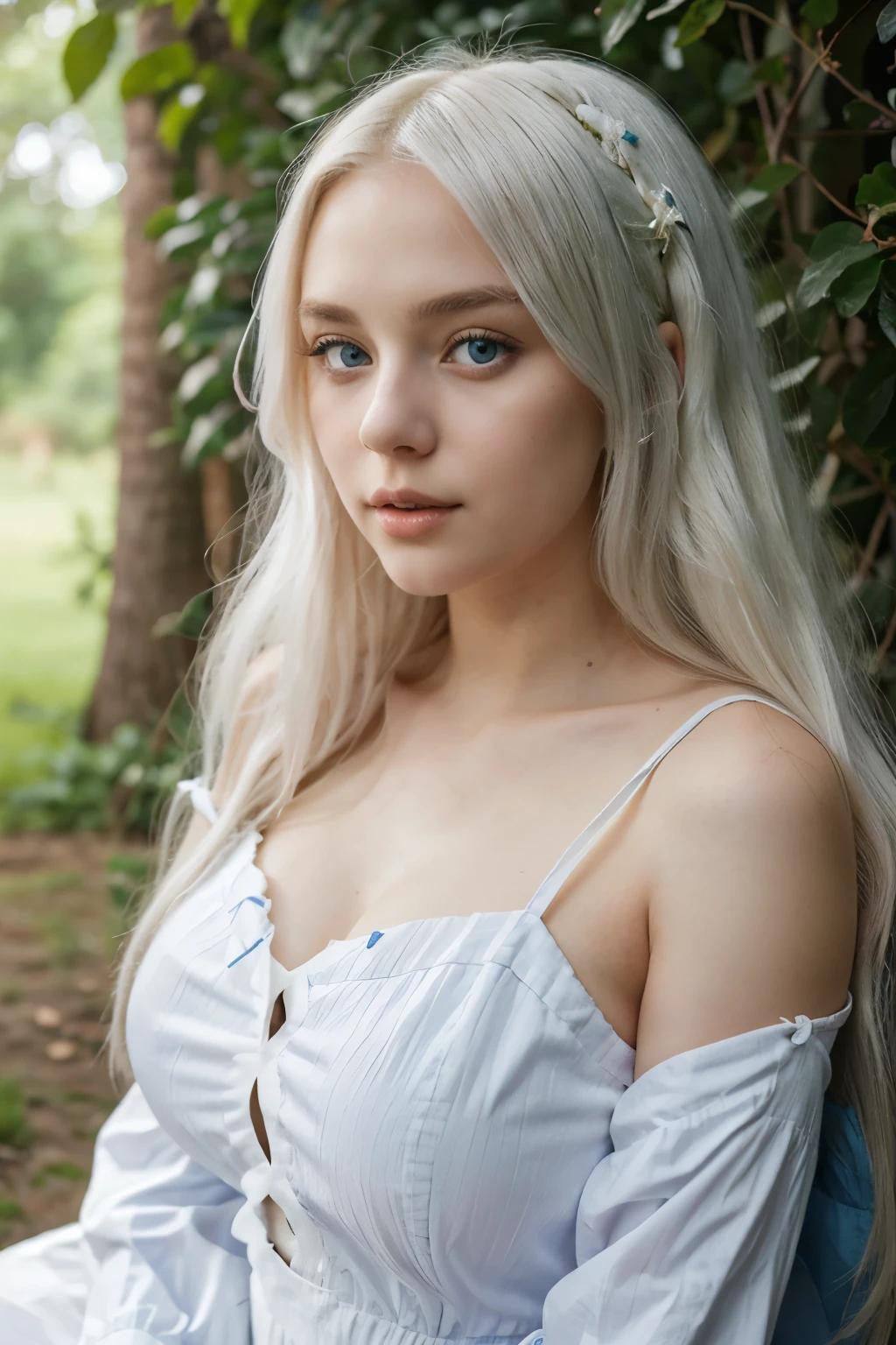 1 Girl, Beautiful, Baby Face, 20 Years Old, White Skin, Sexy Look, Cleavage, Long White Hair, She held a white rose in her hand, ((Blue Maid Outfit)), Huge Colossal Chest, Blue Eye, Muscles:1.3, Outdoor, ((Bokeh:1.1)), Blue Glossy Hair, ((Diamond Earrings)), Apple Watch, Blue Coloured