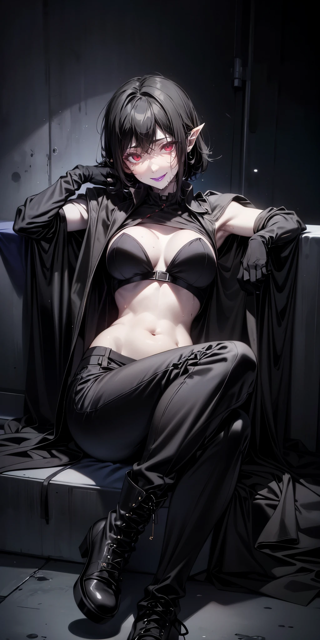 red eyes, pointy ears, long black hair, purple lipstick, makeup, pale skin, anatomically correct, black_hair, solo, boots, pants, red_eyes, navel, looking_at_viewer, midriff, gloves, 1girl, breasts, jewelry, black_footwear, short_hair, sitting, hollow eyes, facing viewer, seductive smile, purple lips, red eyes, sweating, wet, looking at viewer,