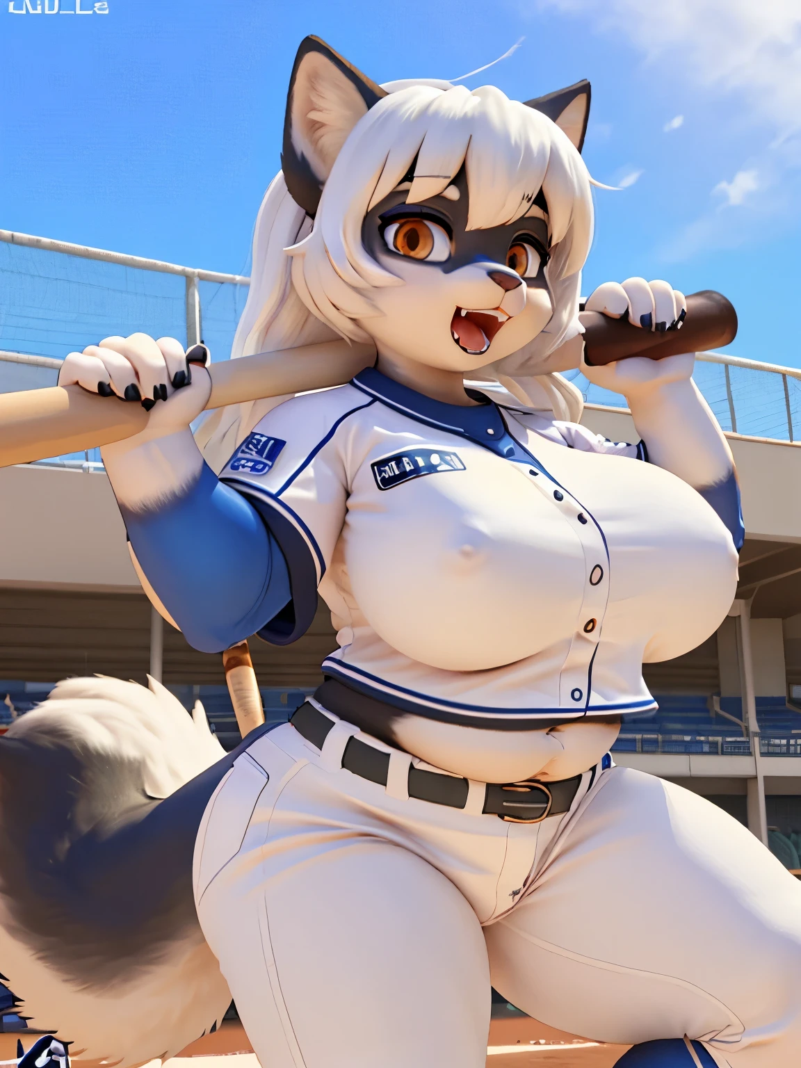 3D,(a huge black female wolf furry), black fur, cat-like fac, white fur on jaw&nose&belly&limb's end, long white hair, straight bangs, brown eyes, bbw, plump, cute background, fang, small mouth opened, baseball unifrom, samsung lions baseball team, samsung lions uniform, blue baseball uniform, white baseball pants, huge breasts, on the baseball park bleachers, shouting, baseball bat, swing a baseball bat, homerun