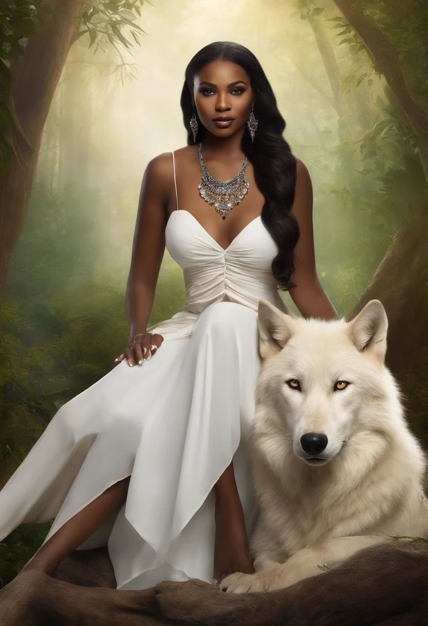 giant white wolf with Masterpiece, seated Woman, dark skin , african american (wide nose) beautiful, 30 years, make-up, hoop earrings, white low plunge line blouse, small breast, passionate look , soft lighting, 2d background