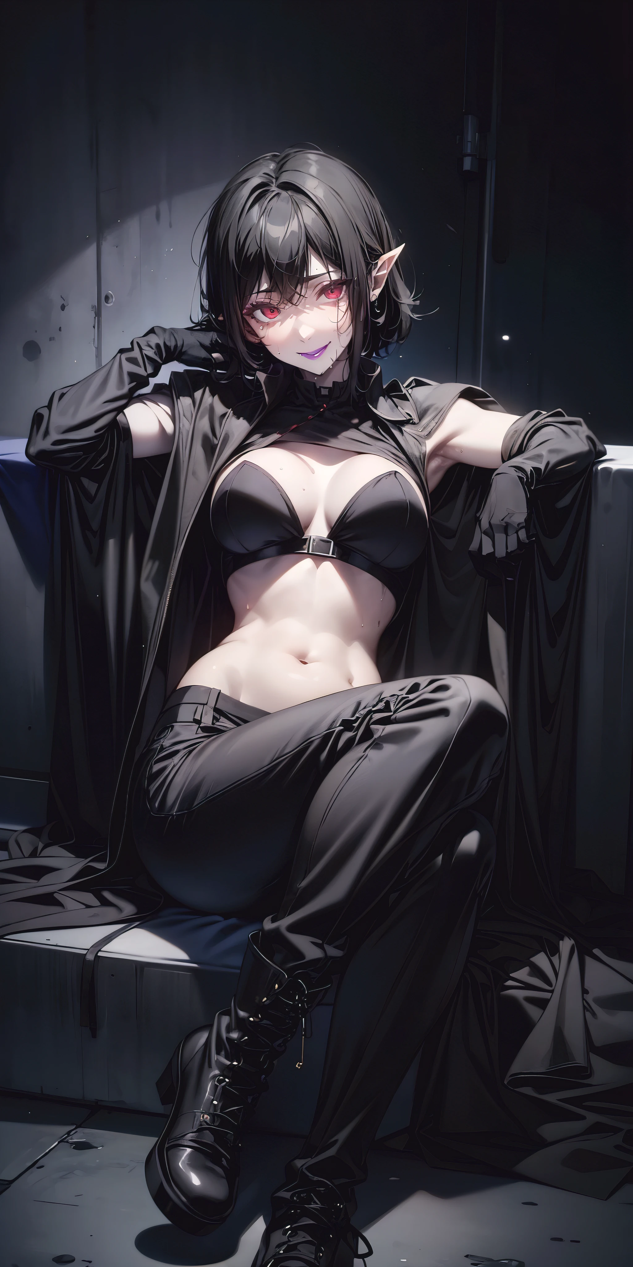 red eyes, pointy ears, long black hair, purple lipstick, makeup, pale skin, anatomically correct, black_hair, solo, boots, pants, red_eyes, navel, looking_at_viewer, midriff, gloves, 1girl, breasts, jewelry, black_footwear, short_hair, sitting, hollow eyes, facing viewer, seductive smile, purple lips, red eyes, sweating, wet, looking at viewer,