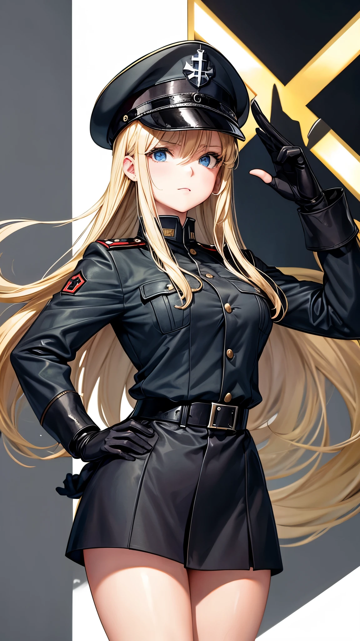 Blonde Girl, ww2 German black Uniform, Cross sign on hat