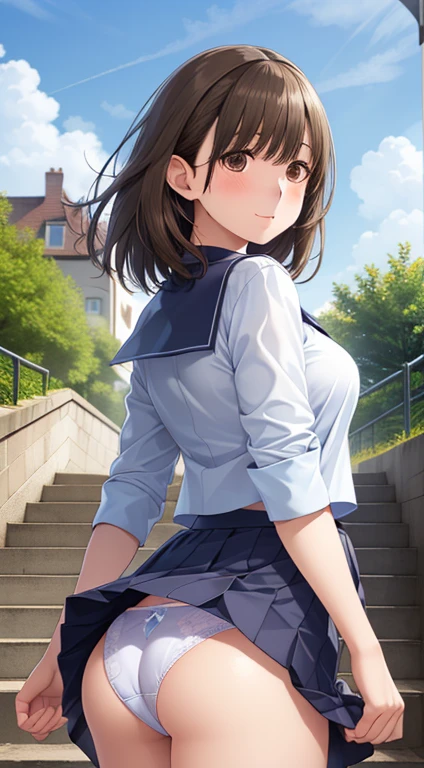 ((table top, highest quality, High resolution, nffsw, perfect pixel, 4k, nffsw, nffsw))), 1 girl, single, alone, beautiful woman、I could see the whole body、 ((middle hair, bangs, brown hair)), ((brown eyes, beautiful eyelashes, realistic eyes)), ((detailed face, blush:1.2)), ((smooth texture:0.75, realistic texture:0.65, realistic:1.1, Anime CG style)), medium breasts, dynamic angle, perfect body, ((sailor suit))、station stairs、the wind is strong、Very embarrassing panic smile、looked back、I can see her  sticking out in front of me..、Looking up from the bottom of the stairs、 (The wind lifted my skirt、touch the skirt with both hands、、I can see all your s、white floral panties)、