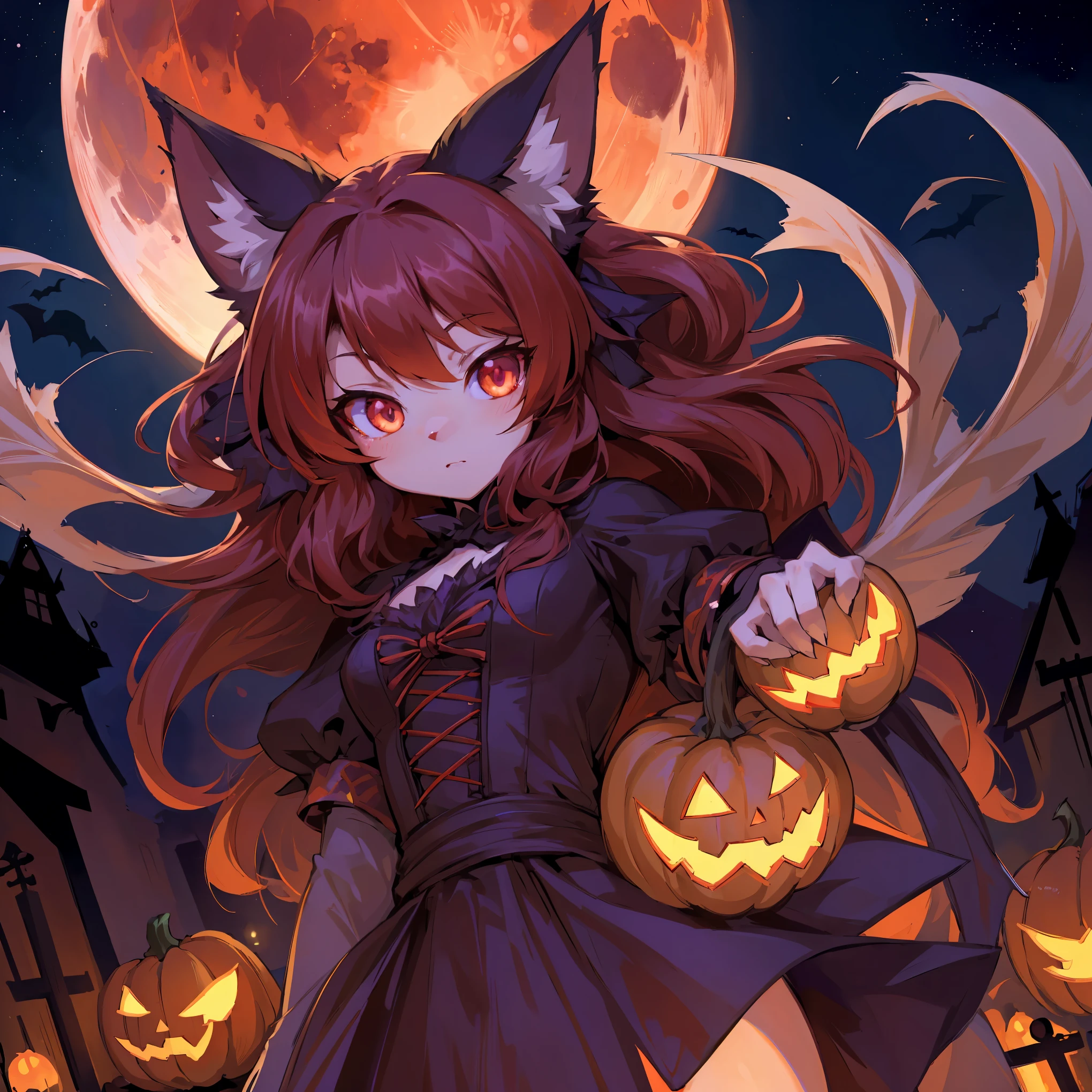 (epic, dynamic angle)top quality, best quality, High-quality illustrations, masterpiece, While creating a Halloween atmosphere, vampire with furry elements, (kemono, super cute girl, solo focus)(furry anthro)(highly detailed beautiful face and eyes)absurdres, perfect anatomy, Scene of a red full moon with a strong horror color,