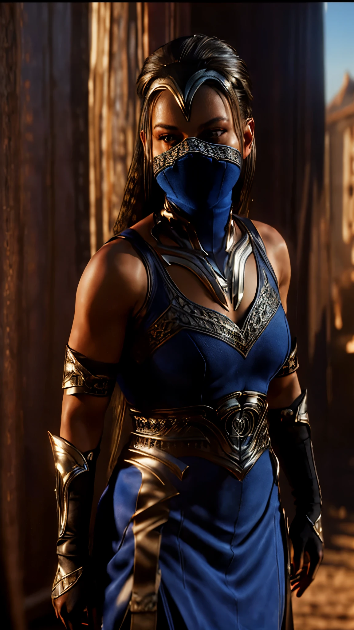 kitana, masterpiece, best quality,  ultra high res, (photorealistic:1.4), raw photo, finely detail, ultra detailed, highres, best shadow, sharp, focus, 8k UHD, DSLR, high quality, 1girl, solo, mask, long hair, gloves, fingerless gloves, veil, mouth mask, realistic, upper body, jewelry