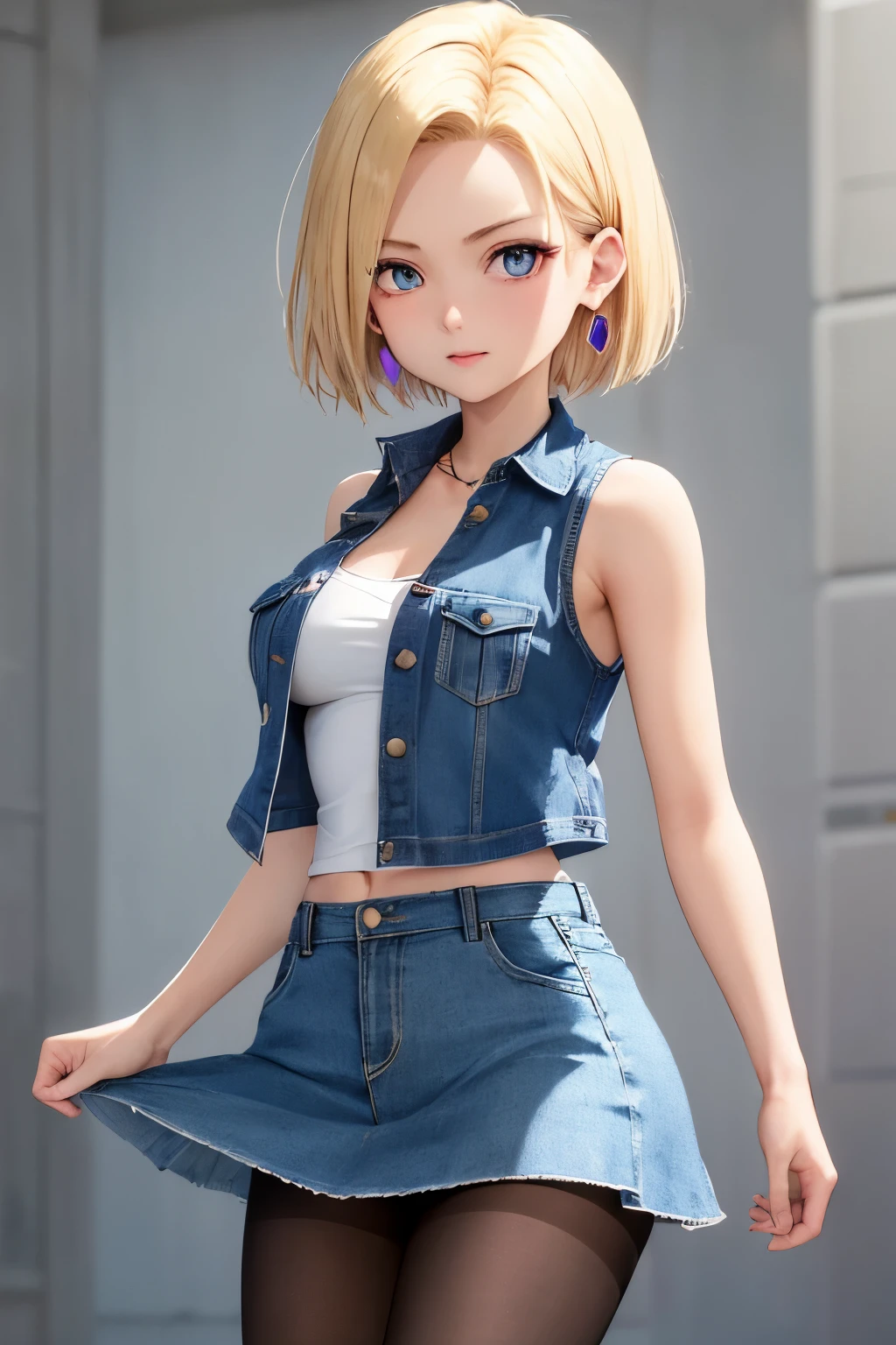best quality, highres, and18, 1girl, android 18, solo, blonde hair, blue eyes, short hair, earrings, jewelry, denim vest, open vest, black pantyhose, black shirt, denim skirt, striped long sleeves, blue skirt, medium breasts, cowboy shot, street, off-the-shoulder, Strapless,