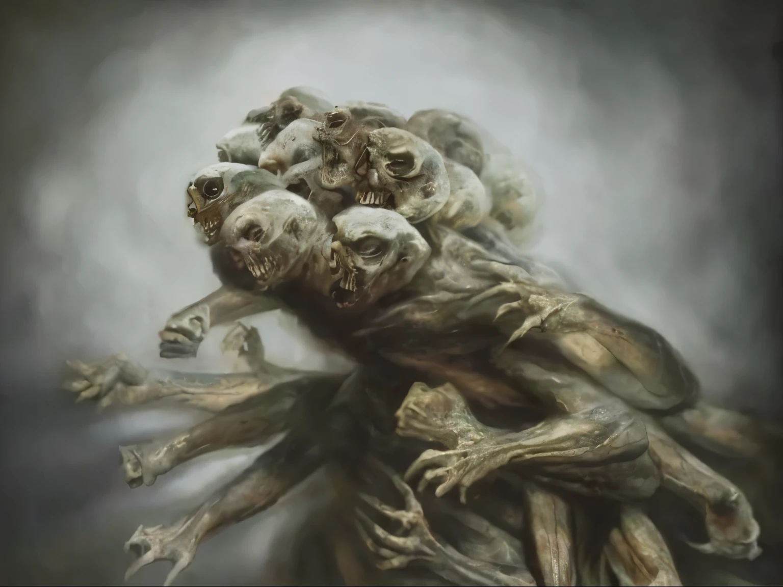 painting of a group of zombies on a tree trunk, hydra with eight heads, resident evil virus concept art, criatura assustadora de carne mutante, criaturas mutantes enxameando, quatro faces em uma criatura, arte conceitual de criatura, gustave dore and marco mazzoni, gigante imponente feito de zumbis, por Marco Mazzoni, arte conceitual de terror, Humanoid creature, arte conceitual de monstro