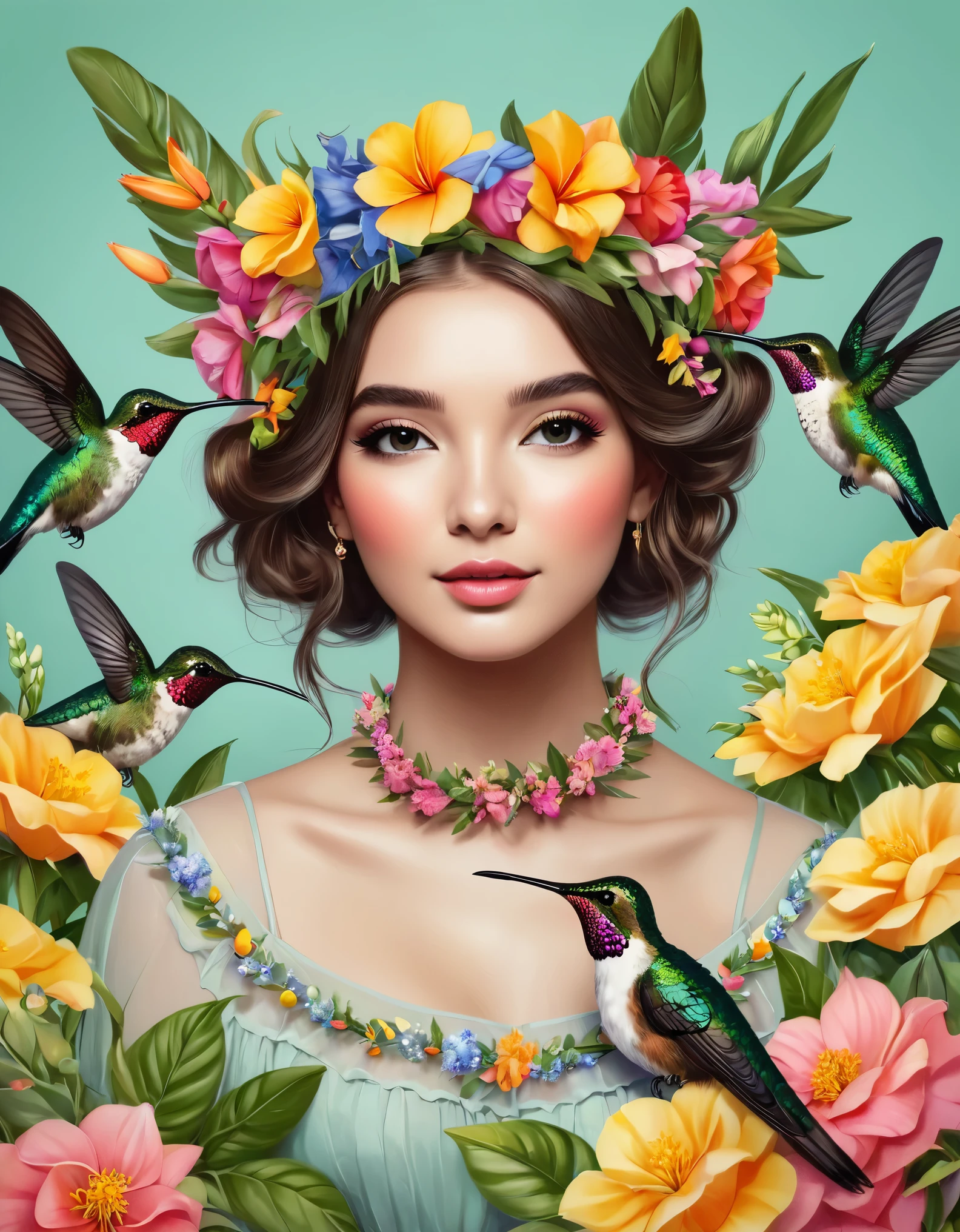 art illustration,girl portrait,Wearing a garland of flowers,a beautiful hummingbird,group photo