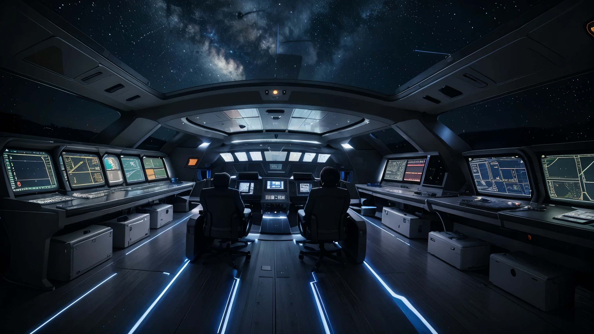 create the bridge of a large starship . Include the control panel. You can see the stars , planets and galaxy out the window of the bridge
