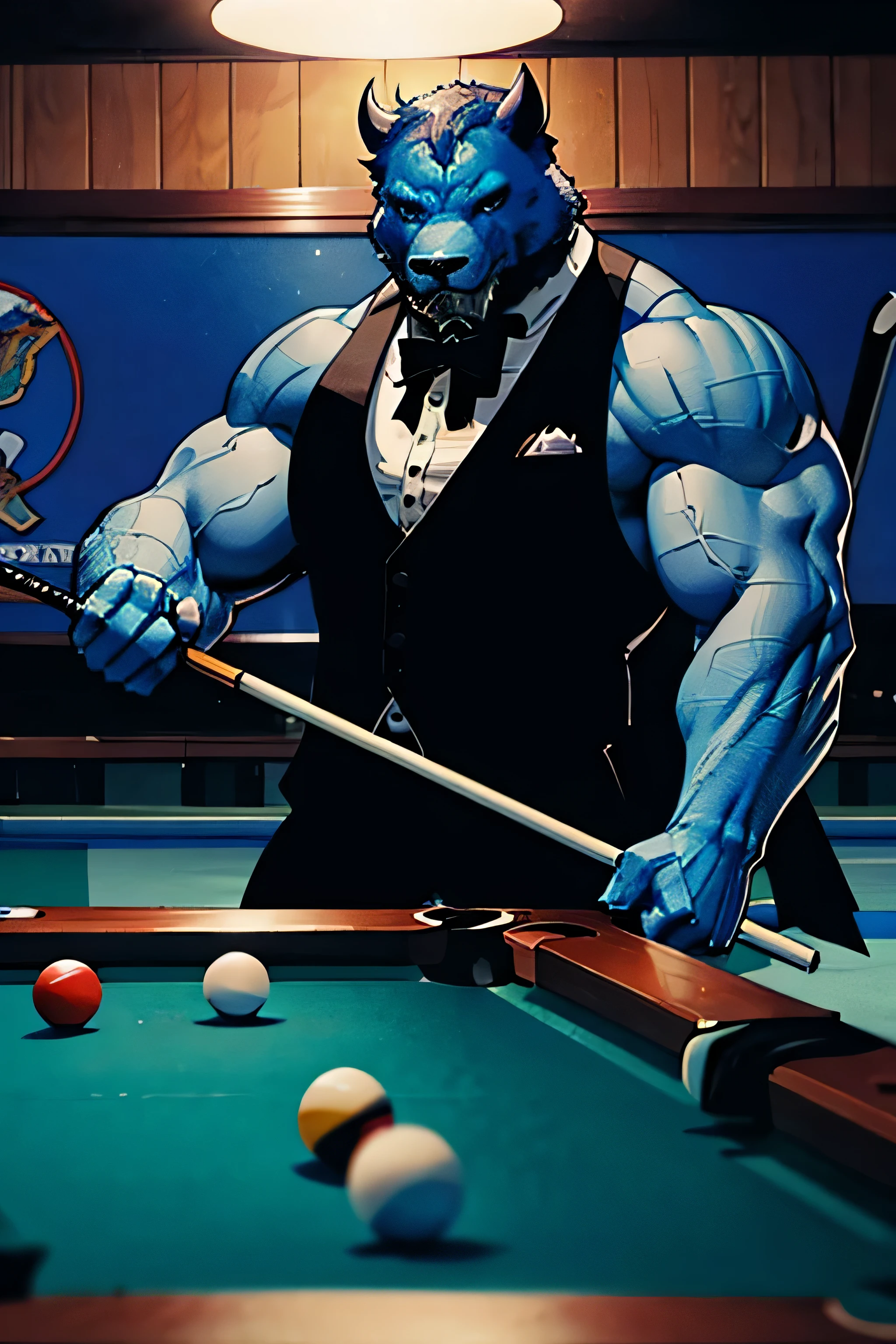 buffalo with very muscular human body and blue furry skin playing pool with a pool stick wearing a black tuxedo