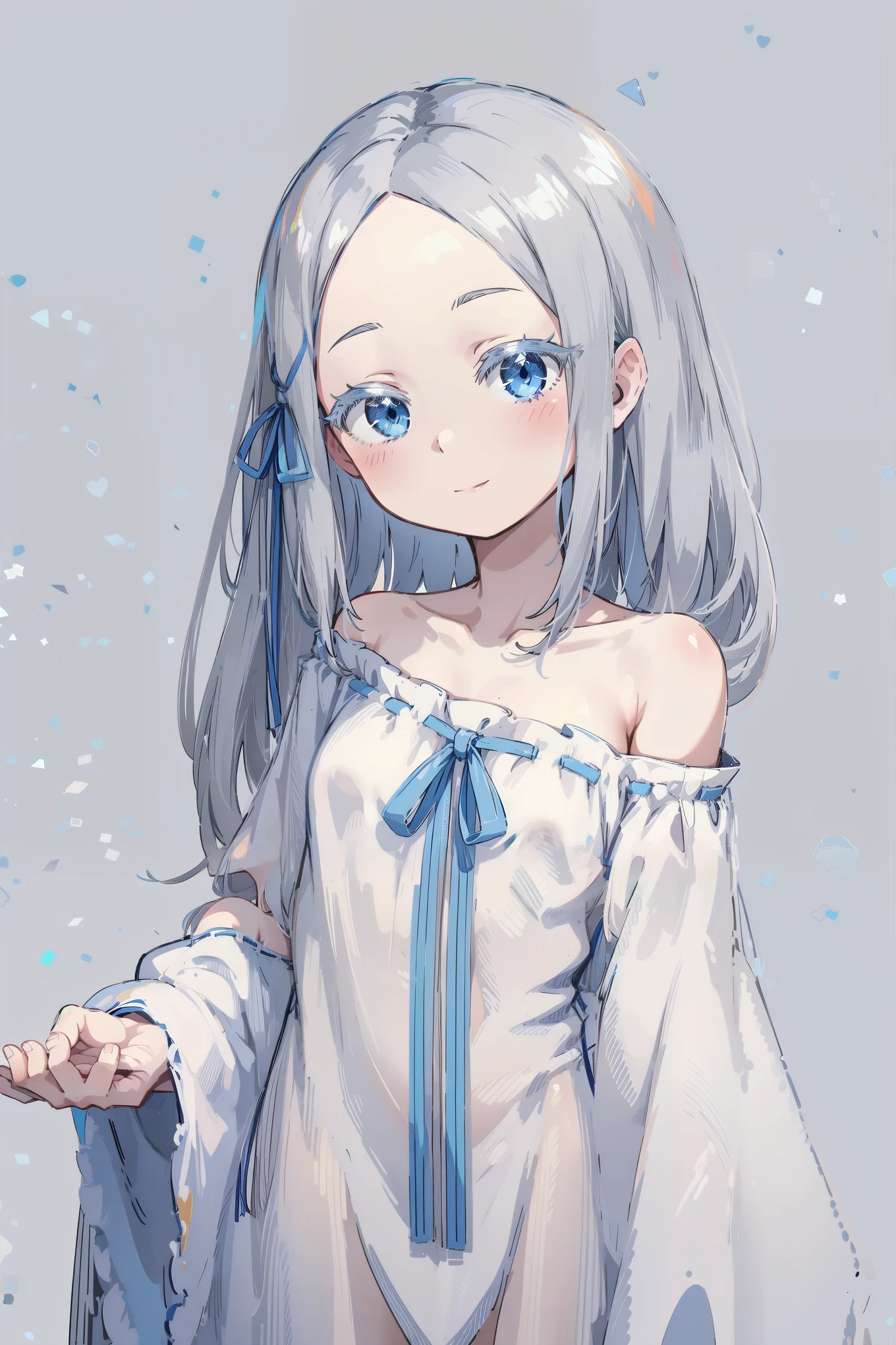 (masterpiece, best quality, ultra high quality, by quan, sketch:1.1), ((portrait)), pandora, 1girl, solo, pandora, blue eyes, long hair, grey hair, white hair, forehead, blush, bangs, small breasts, parted bangs, barefoot, neutral, innexpressive, small smile, thighs, ((pddf)), dress, full loose dress, dress ribbon, hair ribbon, white dress, long dress, blue ribbon, bare shoulders, (niji), upper body, standing, isometric lightning, gray background, simple background 