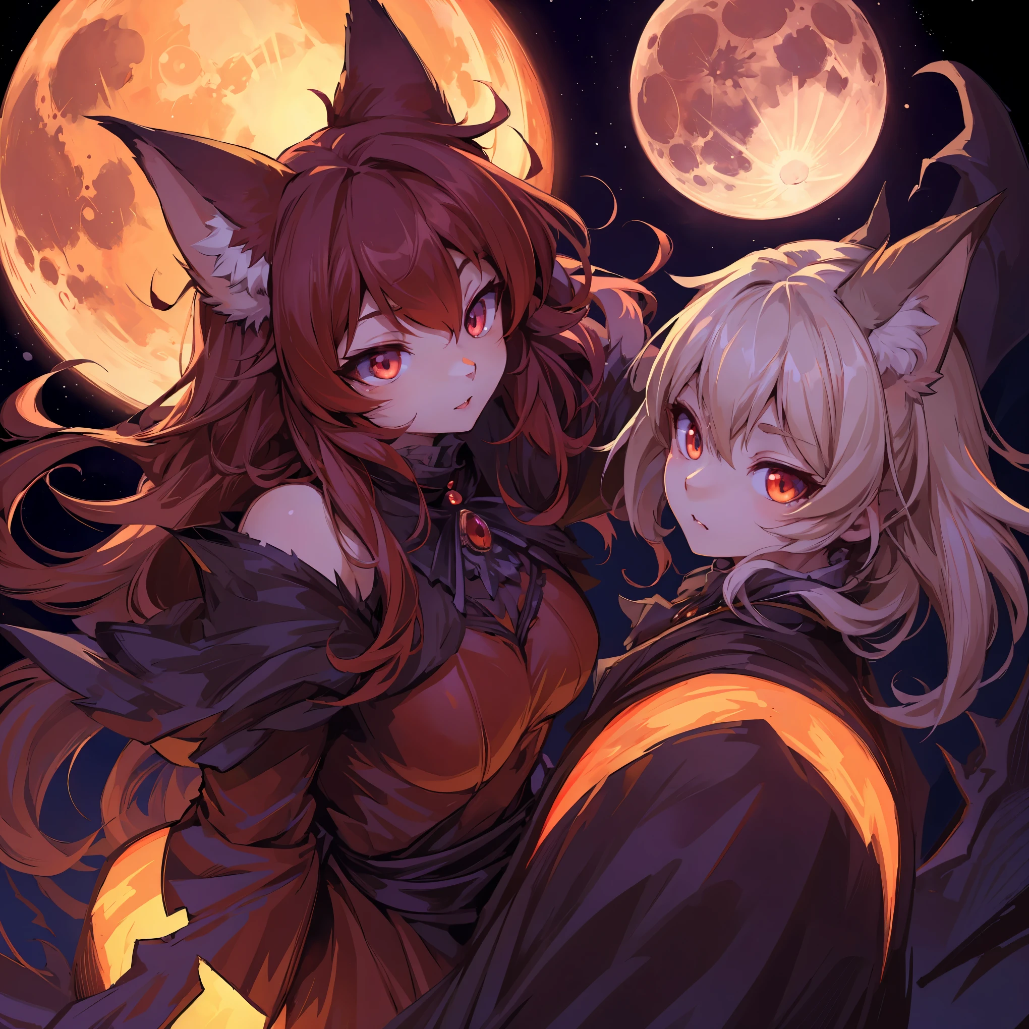 (epic, dynamic angle)top quality, best quality, High-quality illustrations, masterpiece, While creating a Halloween atmosphere, vampire with furry elements, (kemono, super cute girl, solo focus)(furry anthro)(highly detailed beautiful face and eyes)absurdres, perfect anatomy, Scene of a red full moon with a strong horror color,