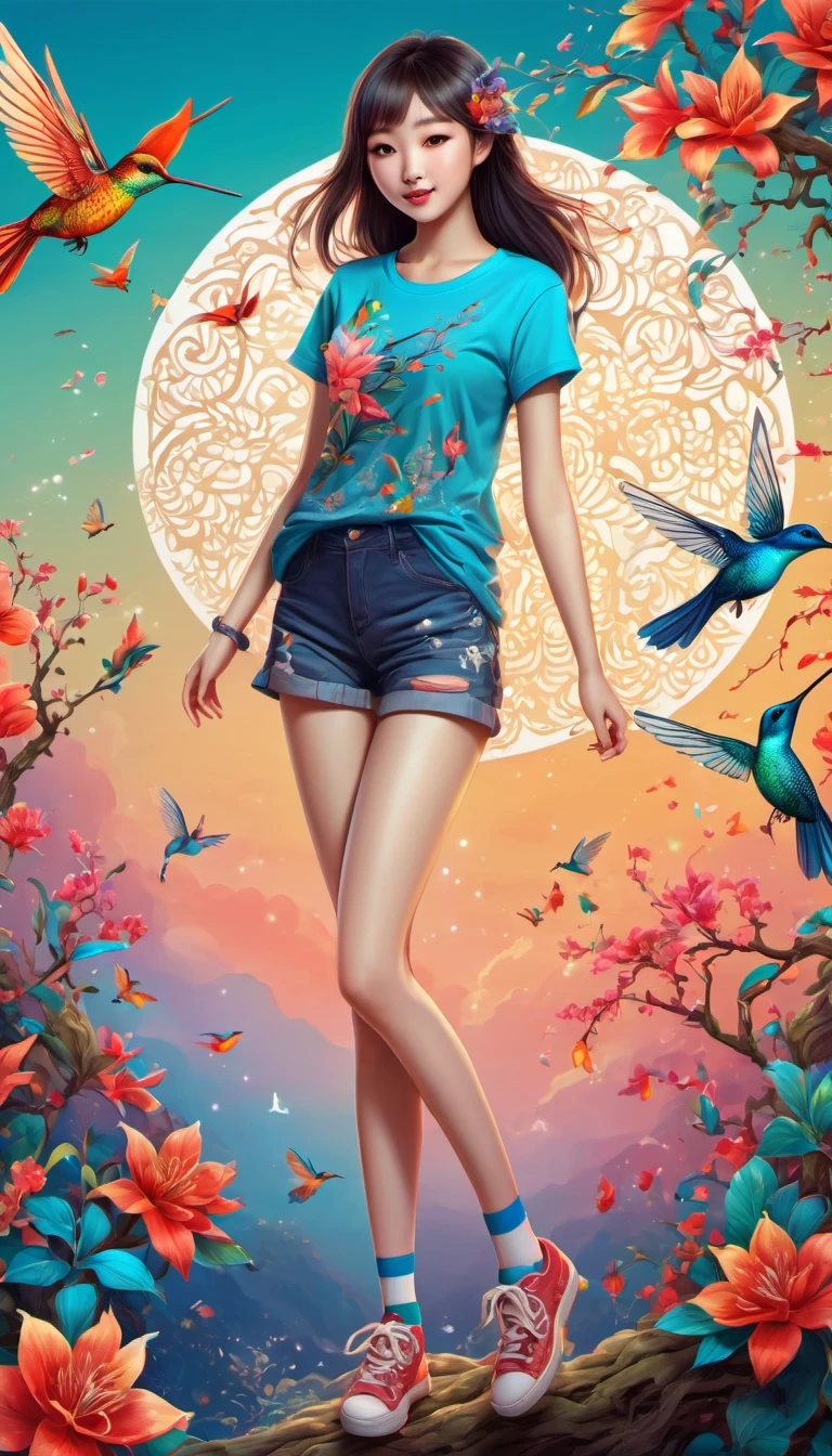 (best quality, highres, ultra sharp), magical, cute chinese girl wearing T-shirt with a hummingbird printed, chinese beauty with long legs, socks, shoes, zentangle, full colored, 3d crunch, full body view,