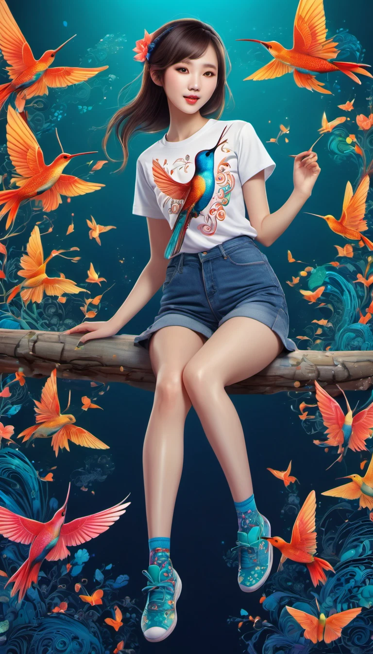 (best quality, highres, ultra sharp), magical, cute chinese girl wearing T-shirt with a hummingbird printed, chinese beauty with long legs, socks, shoes, zentangle, full colored, 3d crunch, full body view,