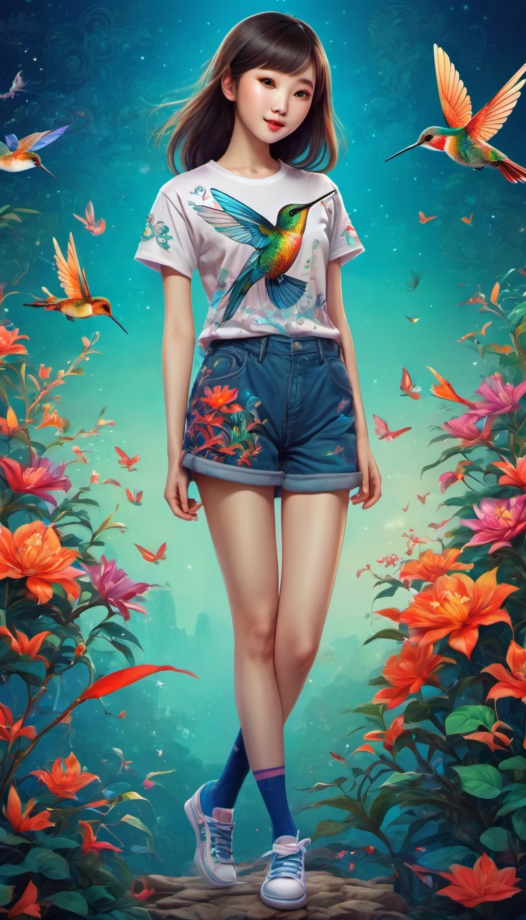 (best quality, highres, ultra sharp), magical, cute chinese girl wearing T-shirt with a hummingbird printed, chinese beauty with long legs, socks, shoes, zentangle, full colored, 3d crunch, full body view,